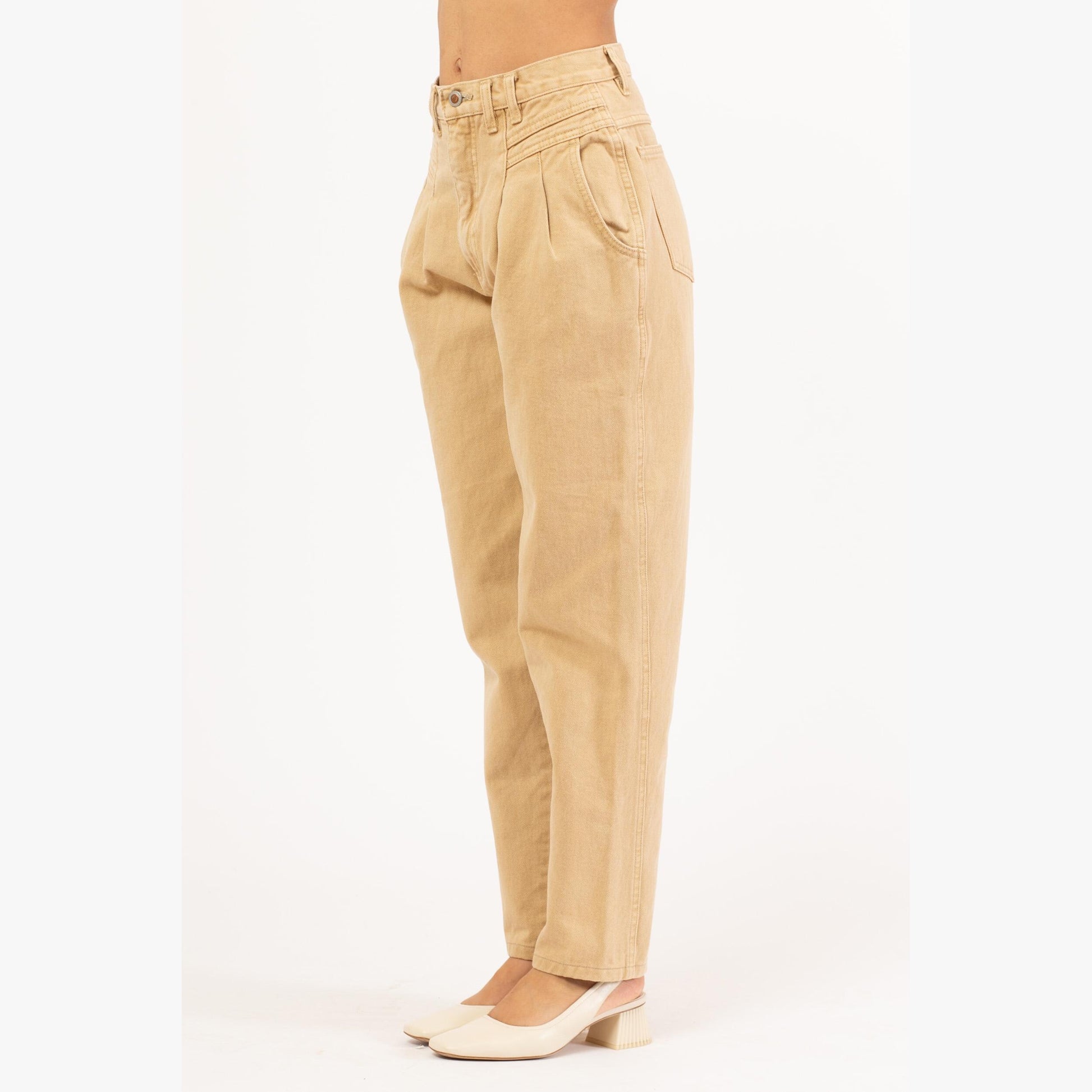 Vintage 80s Forenza High Waisted Tan Jeans - Medium, 27.5” Waist | Pleated Denim Tapered Leg Mom Jeans