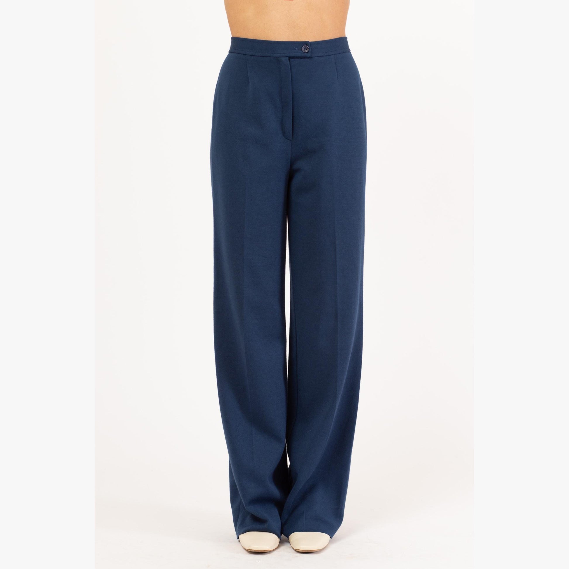 Vintage 70s Slate Blue High Waisted Trousers - Small to Medium, 26"-28" Waist | Retro Straight Leg Long Inseam Pants
