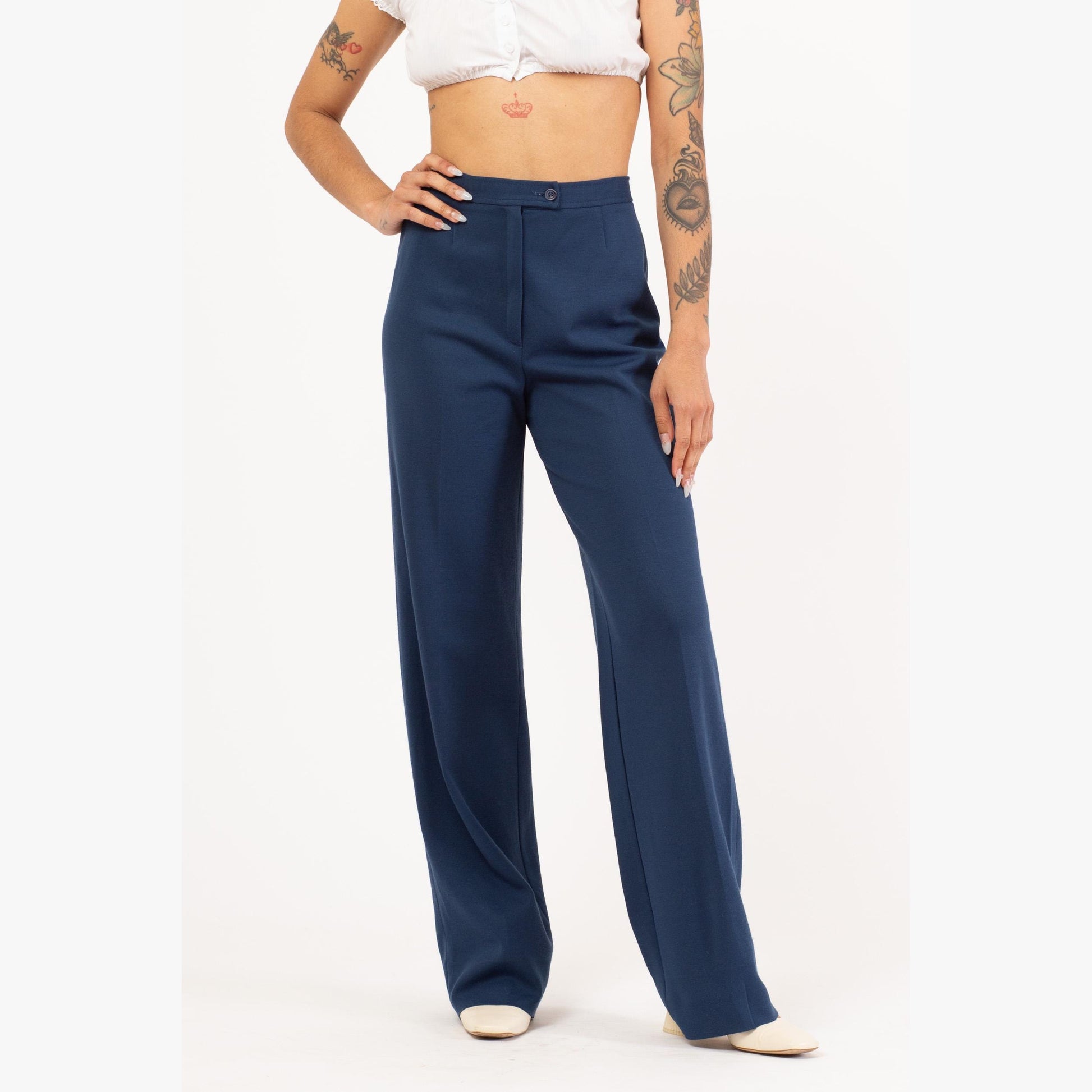 Vintage 70s Slate Blue High Waisted Trousers - Small to Medium, 26"-28" Waist | Retro Straight Leg Long Inseam Pants