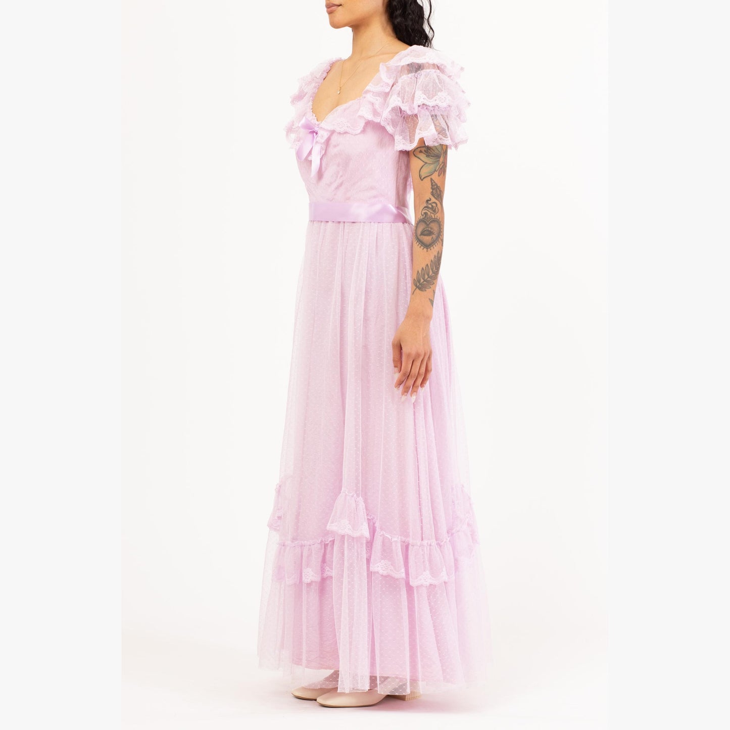 Vintage 70s Lavender Pastel Lace Princess Gown - Small | Ruffle Sleeve Formal Maxi Dress, Retro Prom Party Dress