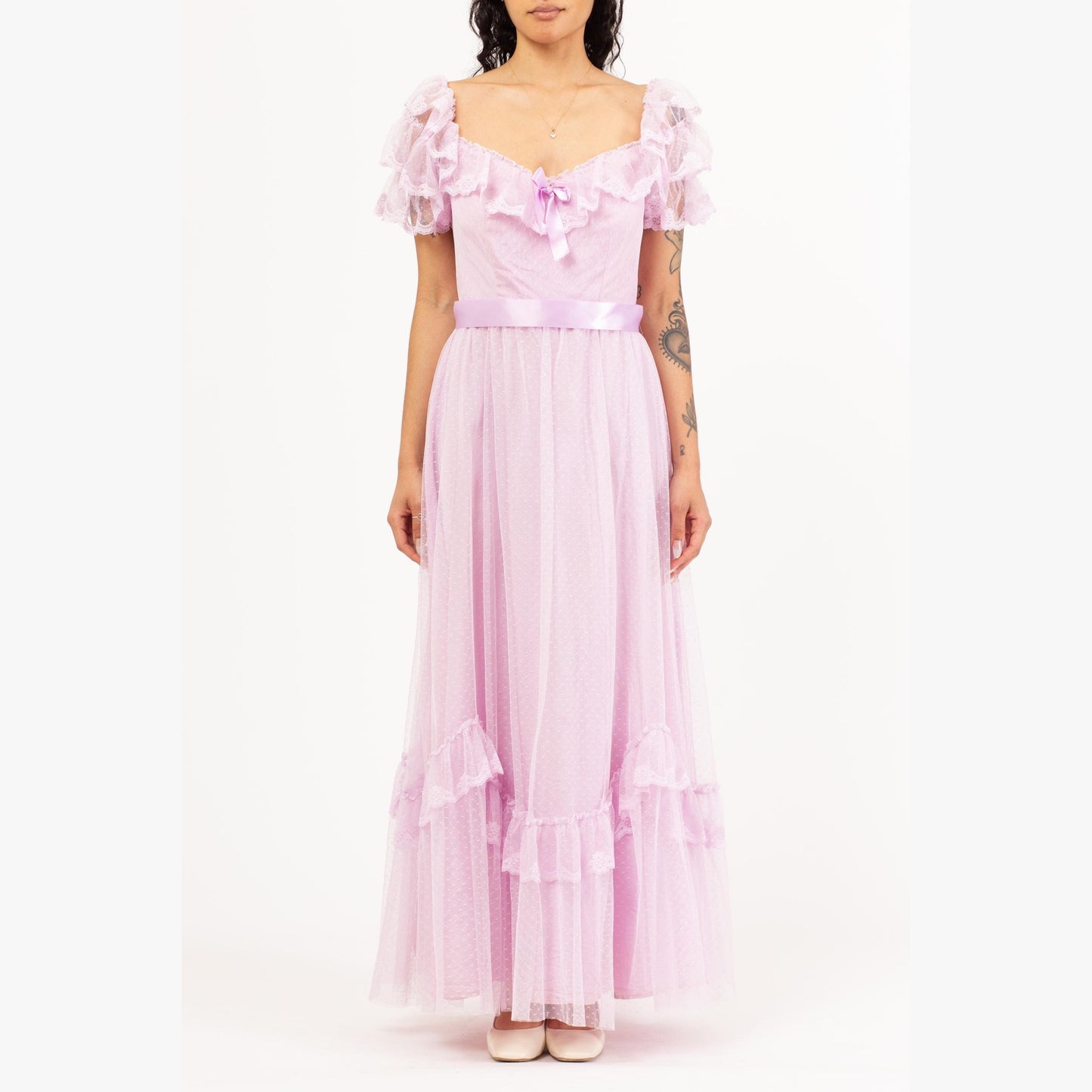 Vintage 70s Lavender Pastel Lace Princess Gown - Small | Ruffle Sleeve Formal Maxi Dress, Retro Prom Party Dress