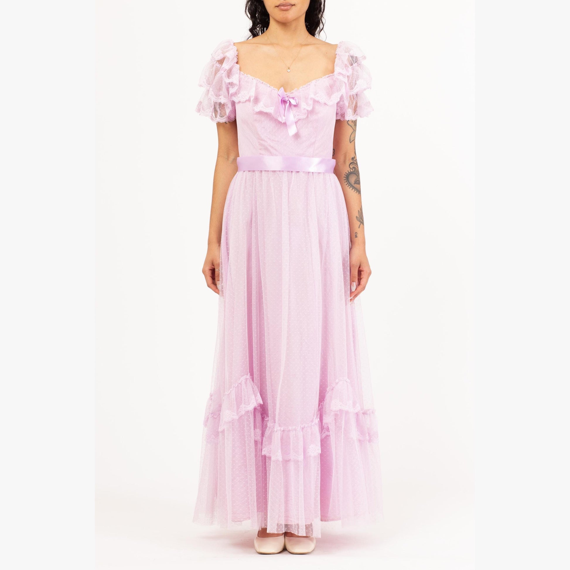Vintage 70s Lavender Pastel Lace Princess Gown - Small | Ruffle Sleeve Formal Maxi Dress, Retro Prom Party Dress