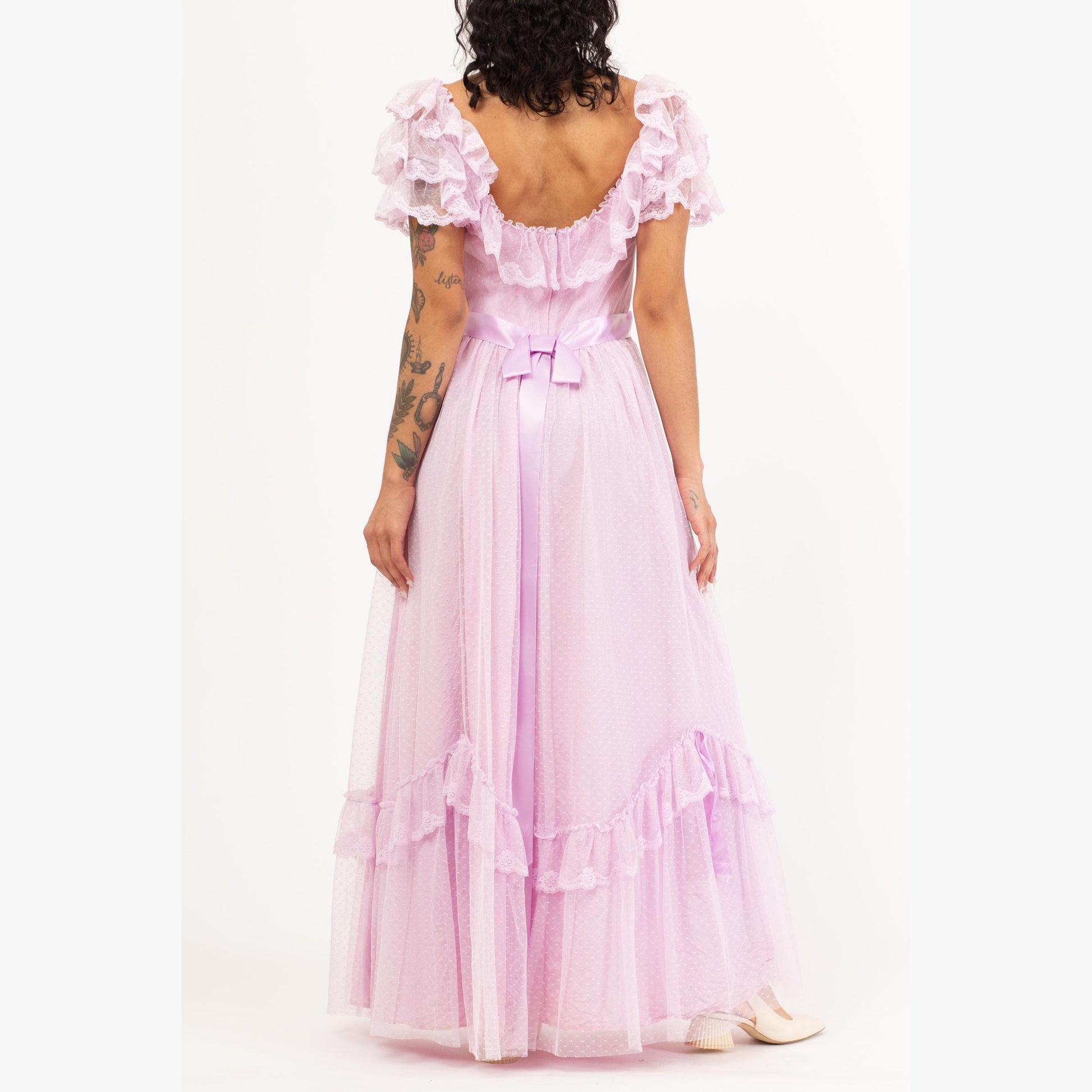 Vintage 70s Lavender Pastel Lace Princess Gown - Small | Ruffle Sleeve Formal Maxi Dress, Retro Prom Party Dress