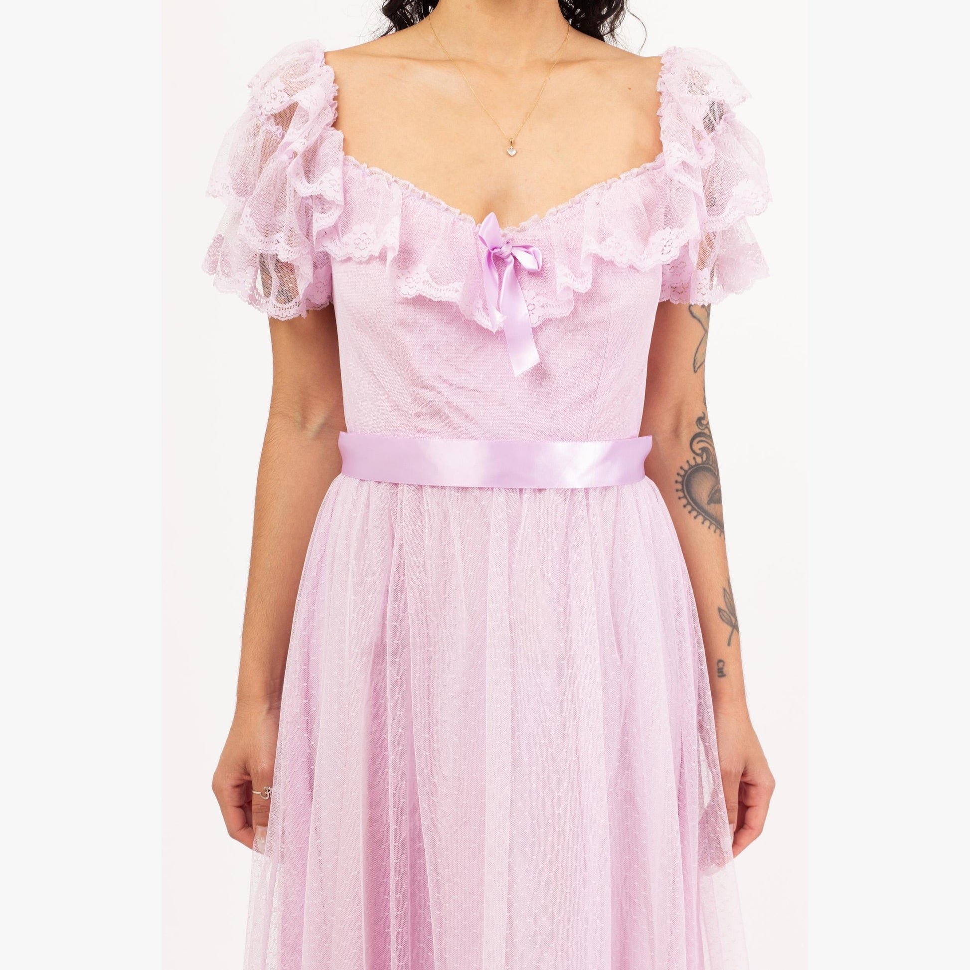 Vintage 70s Lavender Pastel Lace Princess Gown - Small | Ruffle Sleeve Formal Maxi Dress, Retro Prom Party Dress