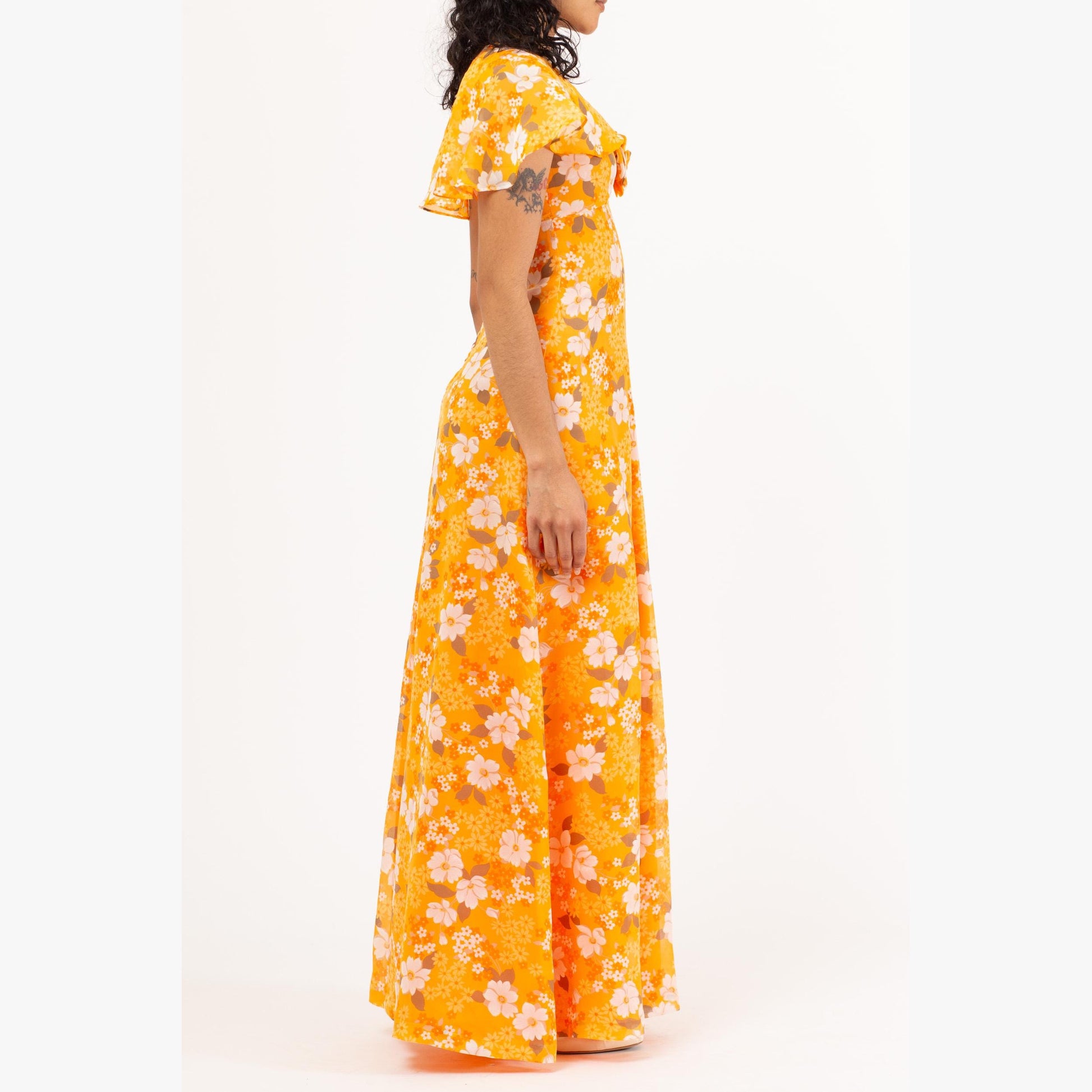 Vintage 70s Boho Orange Floral Chiffon Maxi Dress - Extra Small Vintage 70s Boho Orange Floral Chiffon Maxi Dress - Extra Small