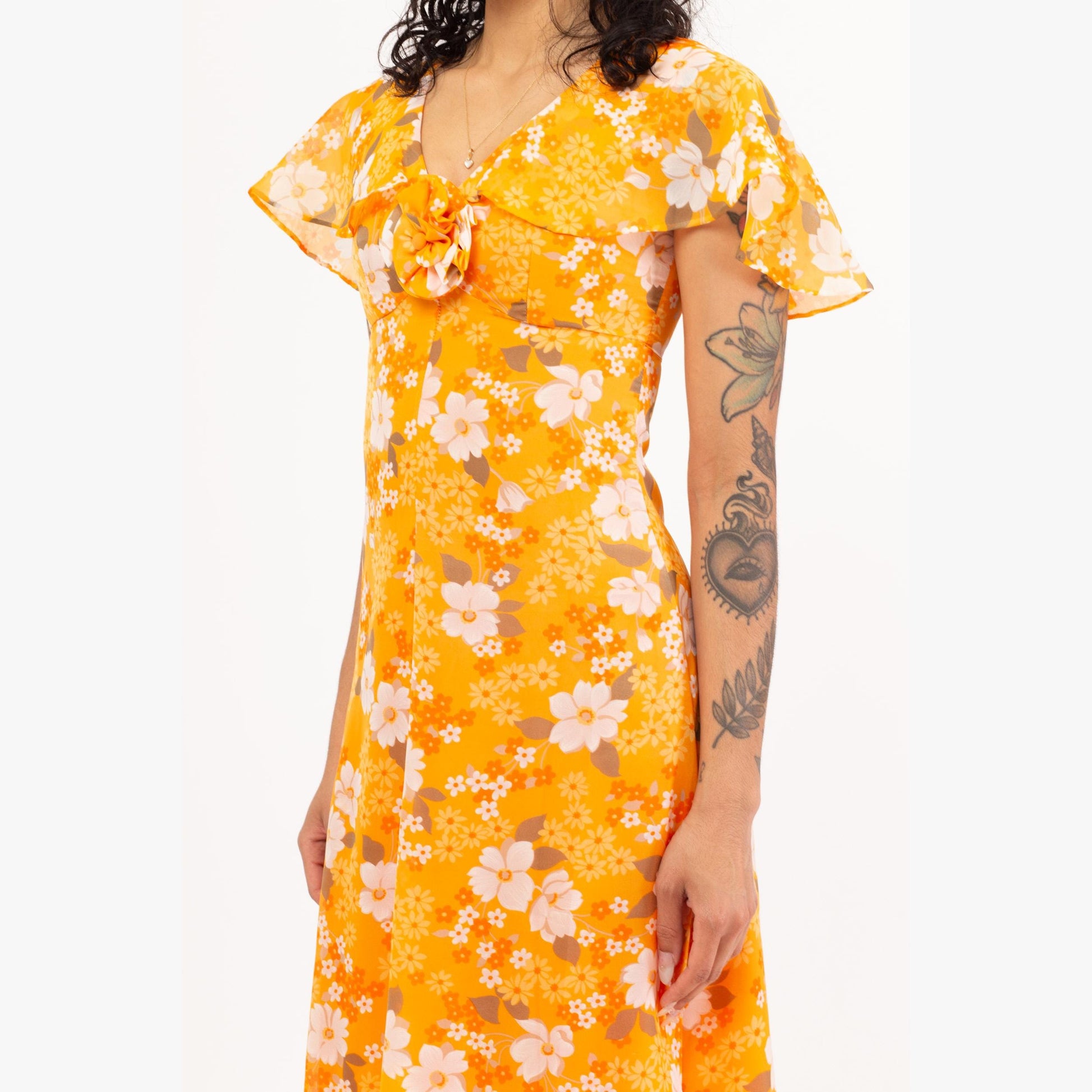 Vintage 70s Boho Orange Floral Chiffon Maxi Dress - Extra Small | Bias Cut Capelet Sleeve Flowy Hippie Gown