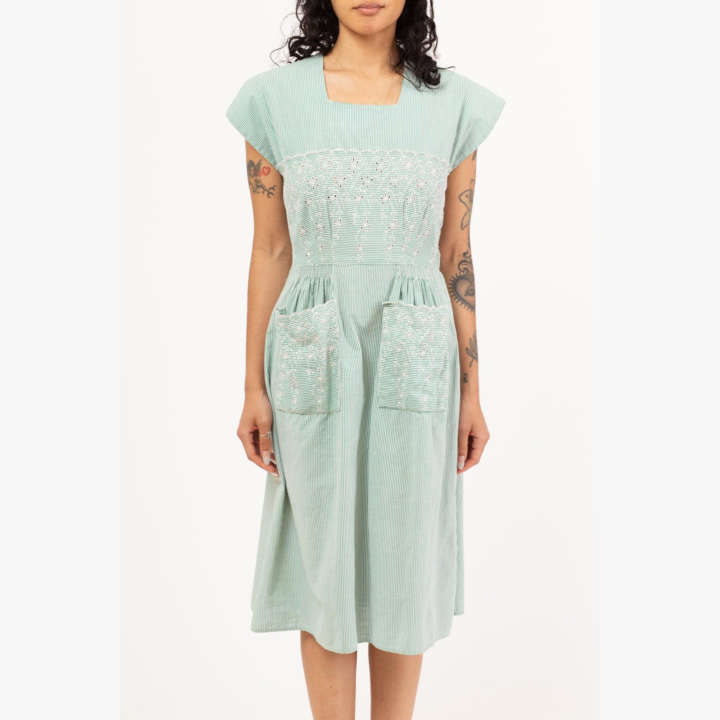 Vintage 1950s Mint Green Pinstriped Eyelet Dress - Medium | 50s Square Neck Tea Length Midi Day Dress Retro Day Dress