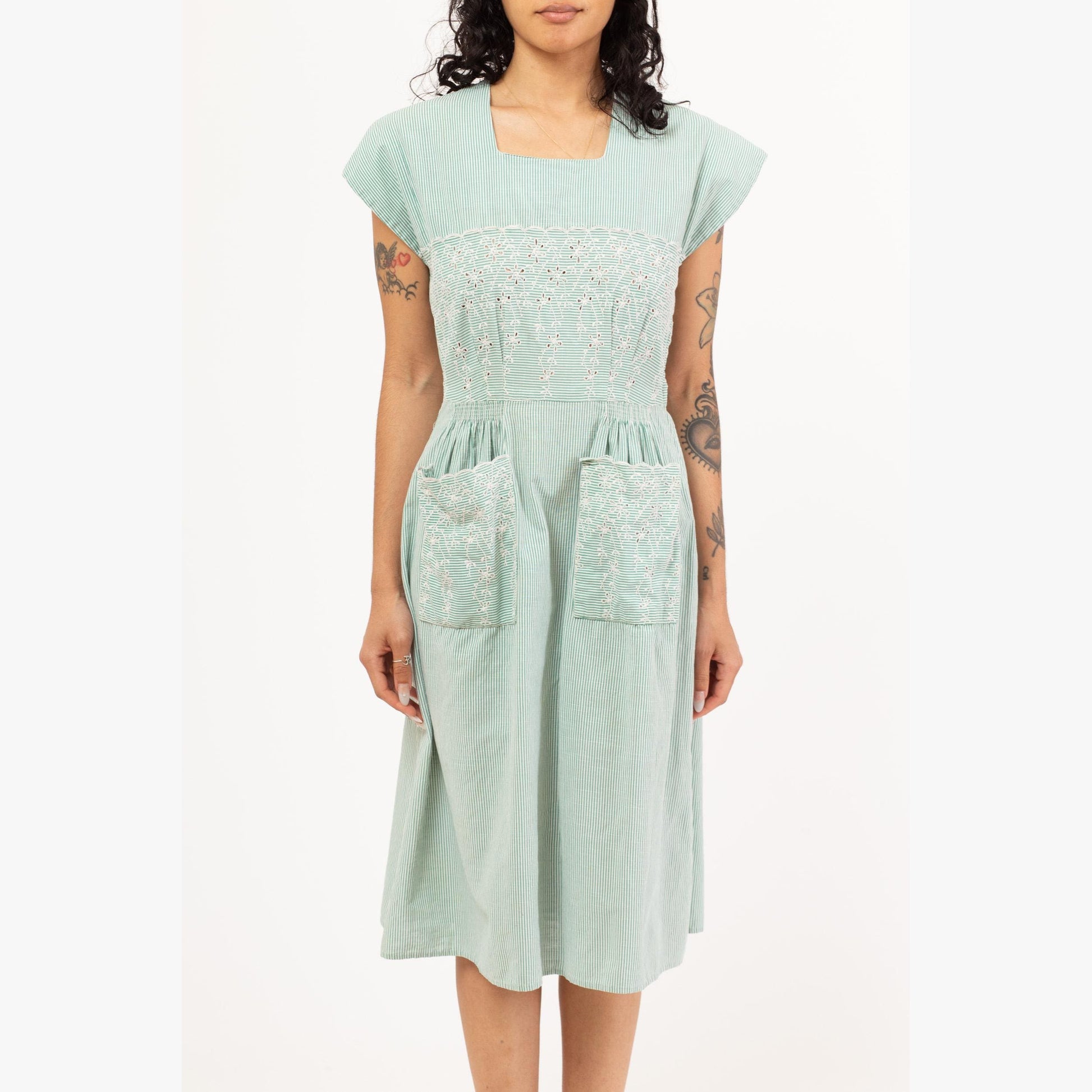 Vintage 1950s Mint Green Pinstriped Eyelet Dress - Medium | 50s Square Neck Tea Length Midi Day Dress Retro Day Dress