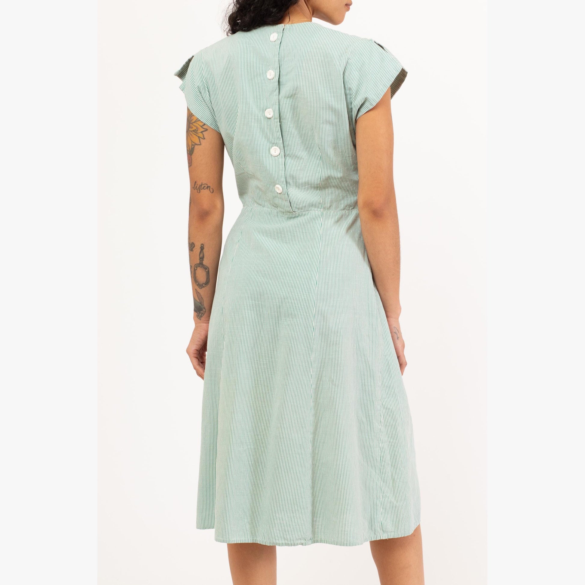 Vintage 1950s Mint Green Pinstriped Eyelet Dress - Medium | 50s Square Neck Tea Length Midi Day Dress Retro Day Dress