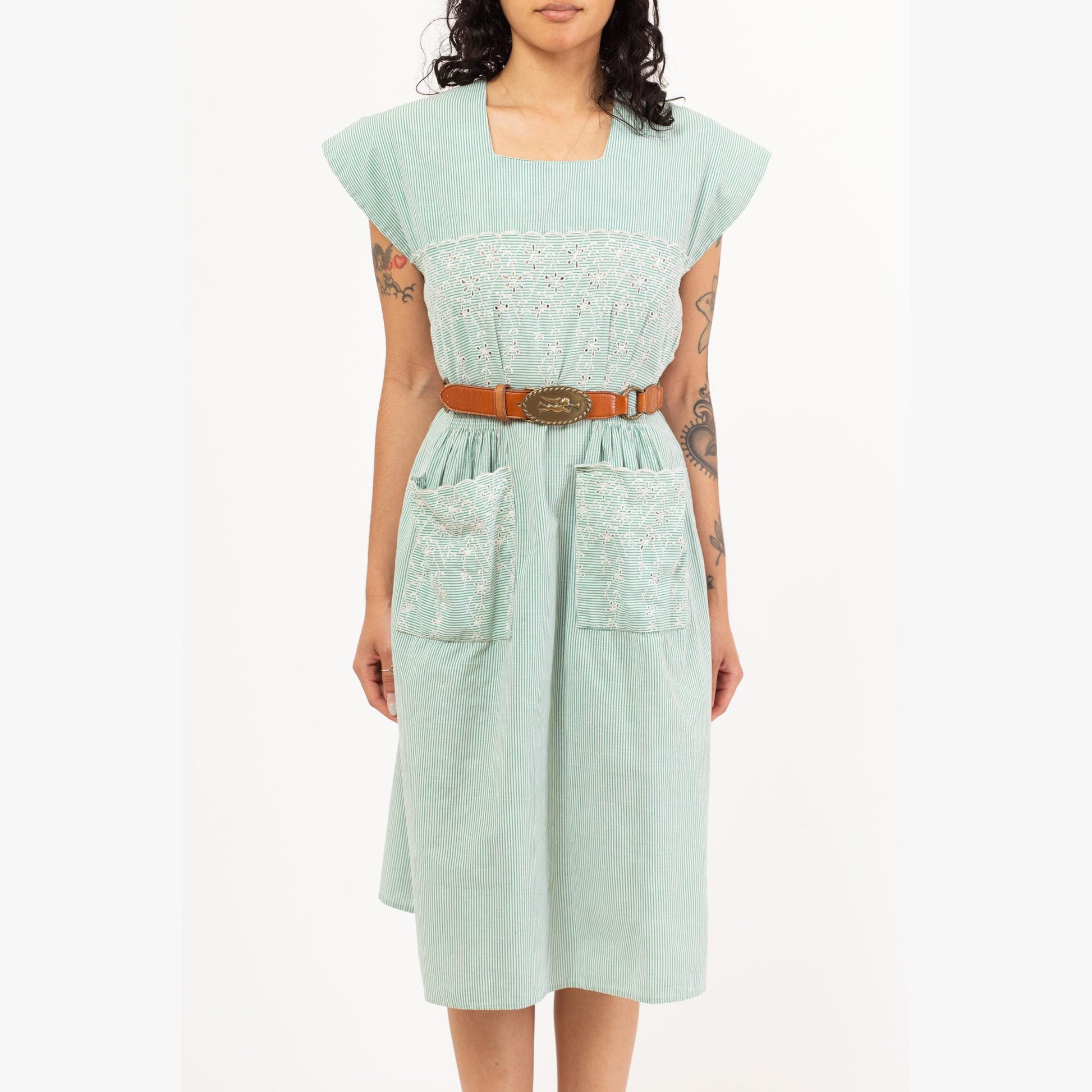 Vintage 1950s Mint Green Pinstriped Eyelet Dress - Medium | 50s Square Neck Tea Length Midi Day Dress Retro Day Dress