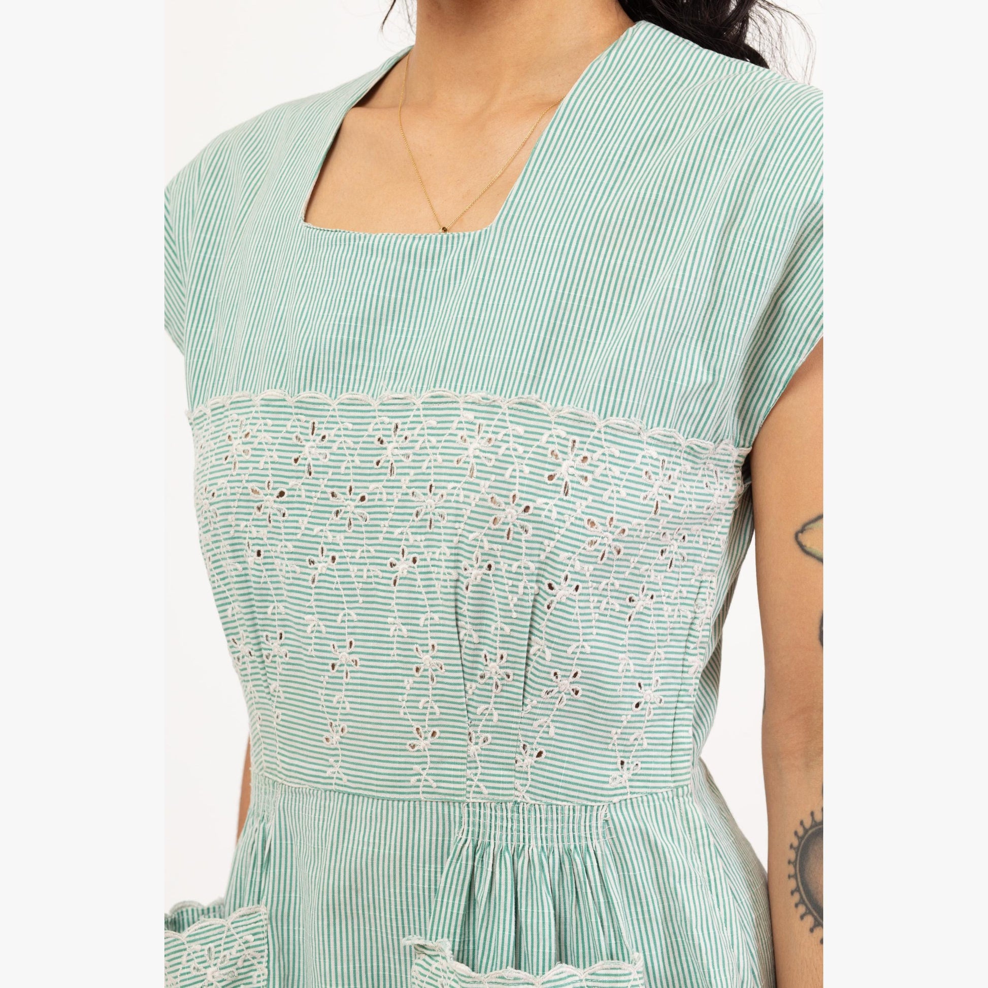 Vintage 1950s Mint Green Pinstriped Eyelet Dress - Medium | 50s Square Neck Tea Length Midi Day Dress Retro Day Dress