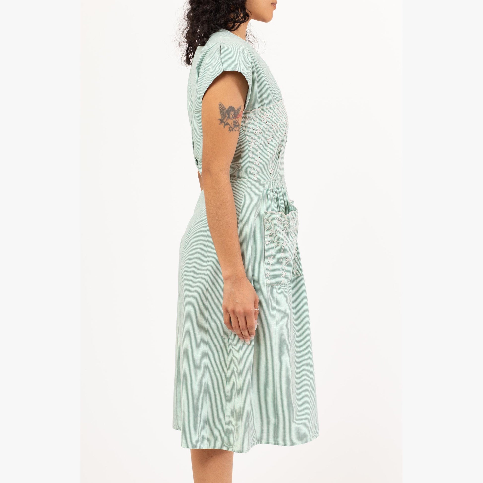 Vintage 1950s Mint Green Pinstriped Eyelet Dress - Medium | 50s Square Neck Tea Length Midi Day Dress Retro Day Dress