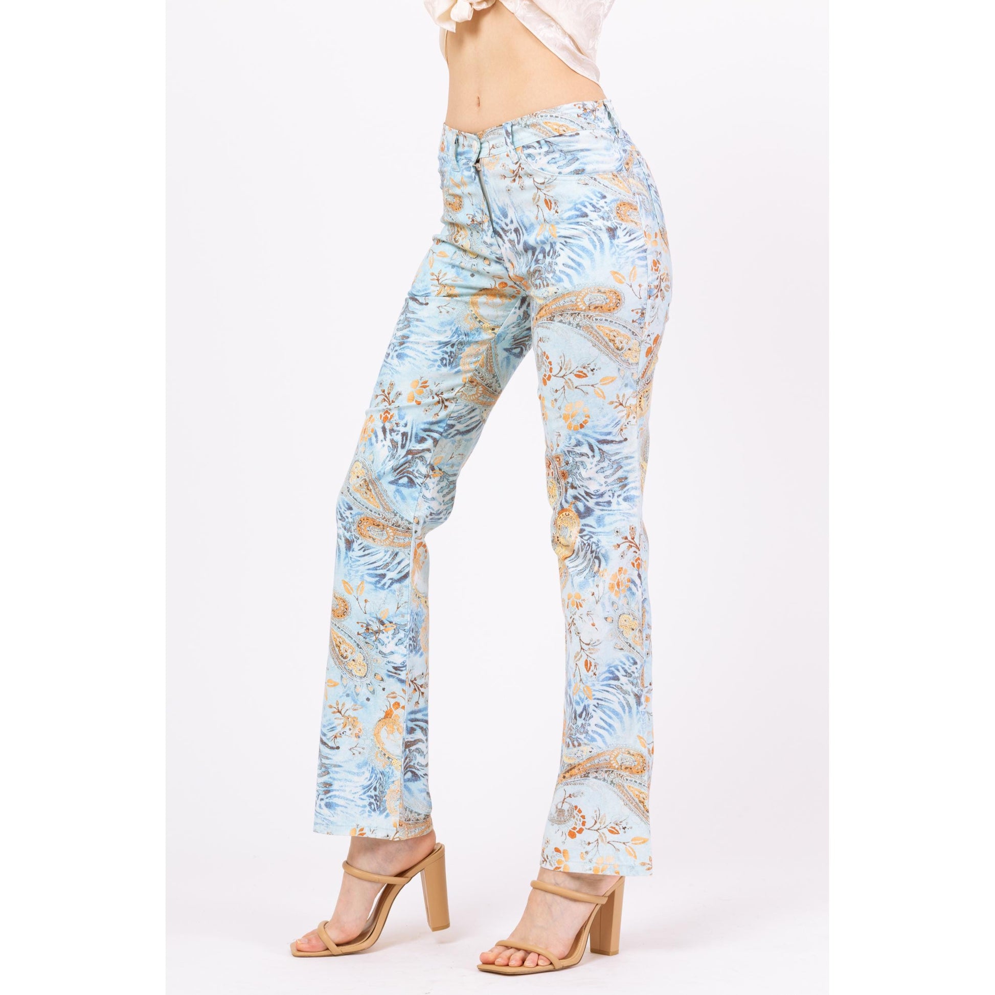 Vintage Y2K Boho Blue Paisley Floral Mid Rise Pants - Extra Small | 2000s Pastel Bootcut Trousers