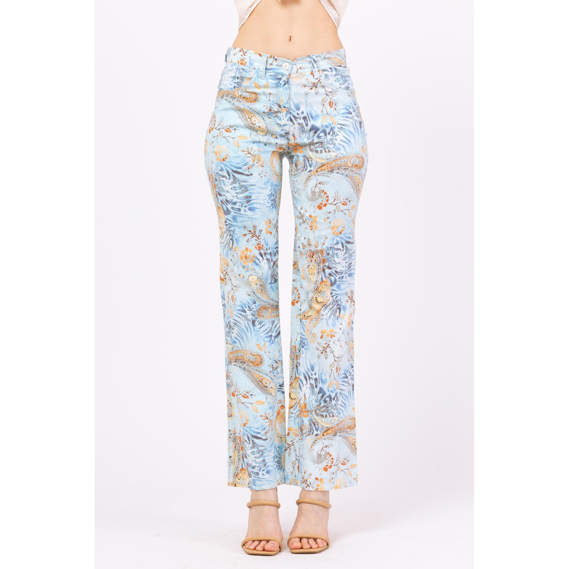Vintage Y2K Boho Blue Paisley Floral Mid Rise Pants - Extra Small | 2000s Pastel Bootcut Trousers