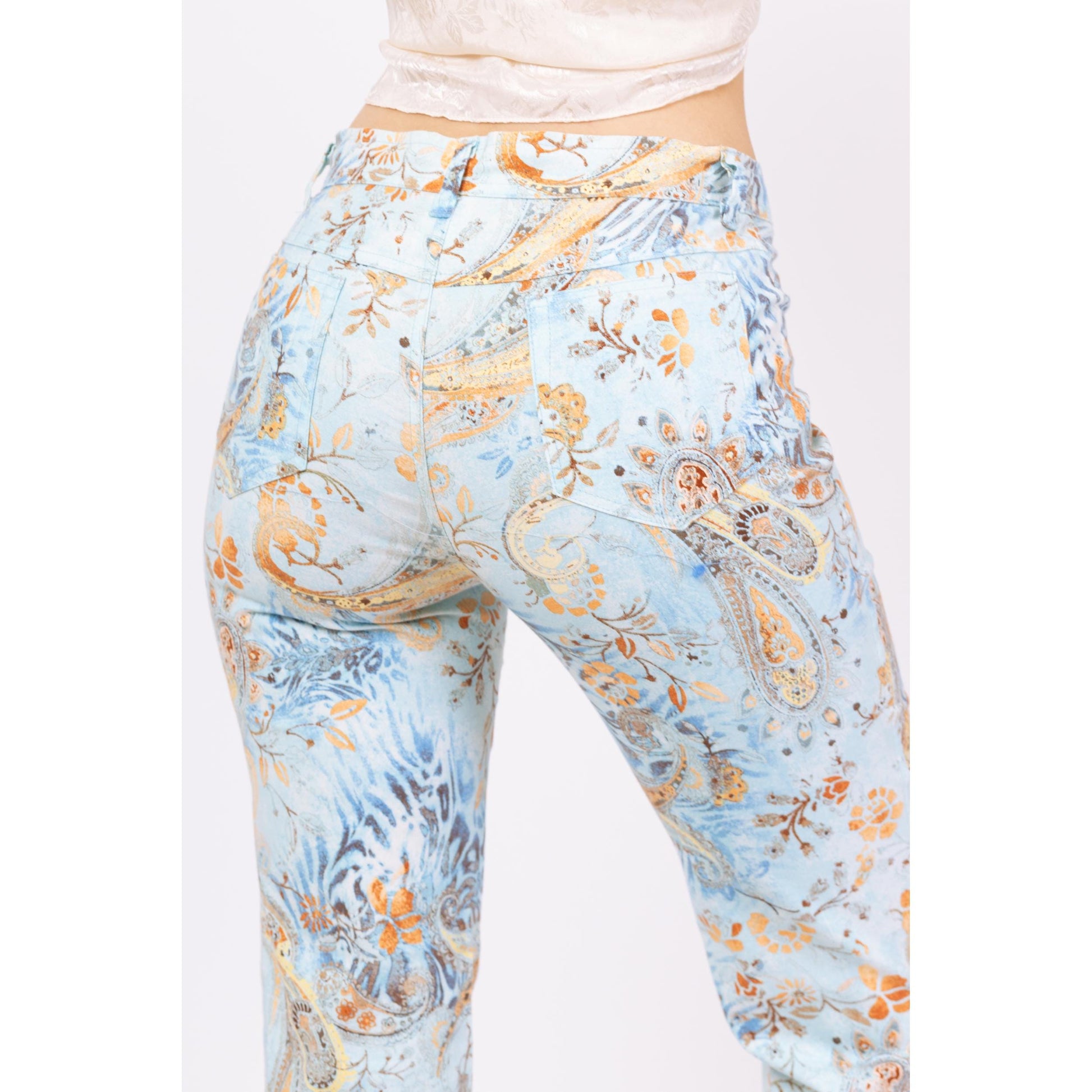 Vintage Y2K Boho Blue Paisley Floral Mid Rise Pants - Extra Small | 2000s Pastel Bootcut Trousers