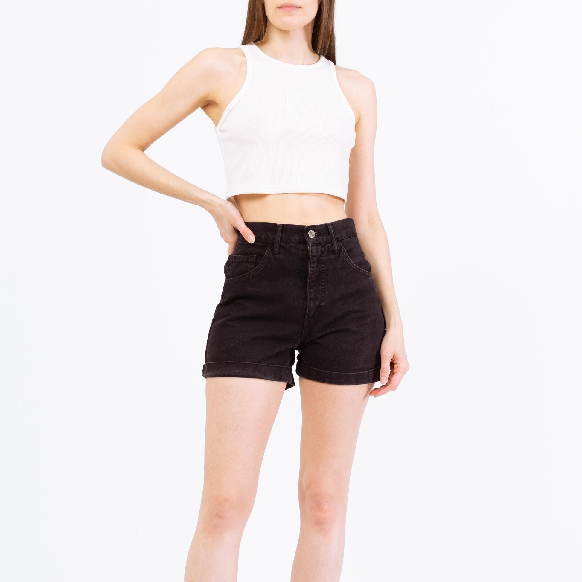 Vintage 90s Faded Black Denim High Waisted Shorts - Small, 26” Waist | High Rise Cuffed Jean Shorts