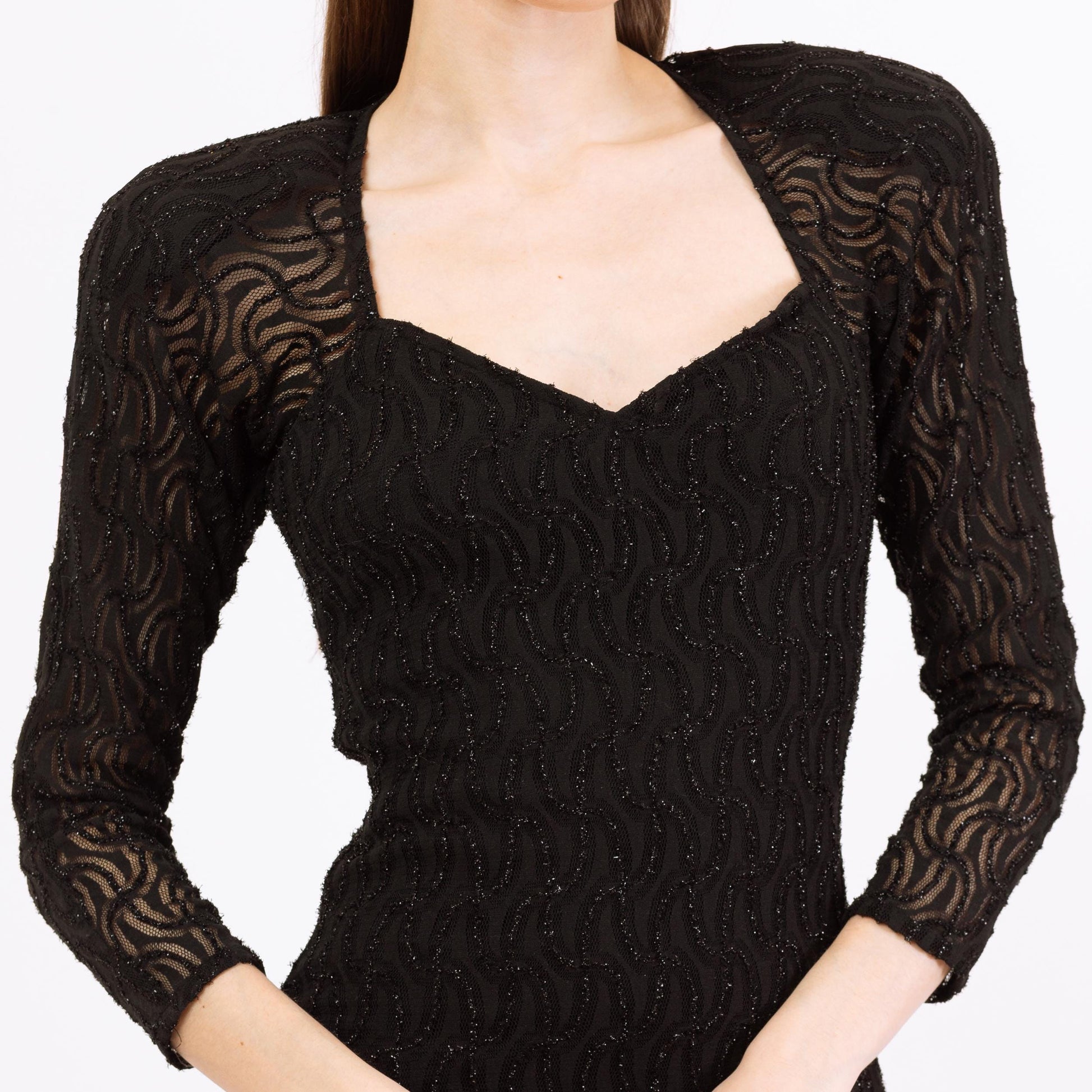 Vintage 80s Black Beaded Fringe Keyhole Back Party Dress - Small to Medium | Zum Zum Sexy Fitted 3/4 Sleeve Open Back Mini Dress
