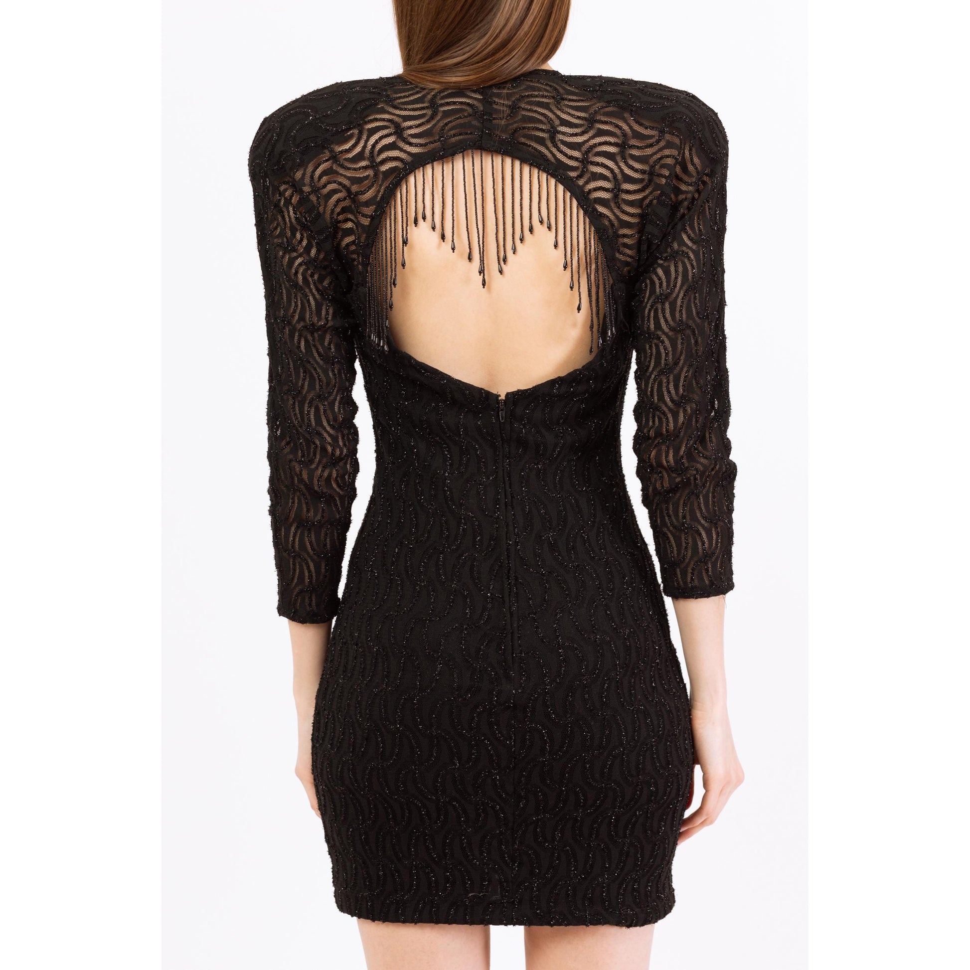 Vintage 80s Black Beaded Fringe Keyhole Back Party Dress - Small to Medium | Zum Zum Sexy Fitted 3/4 Sleeve Open Back Mini Dress