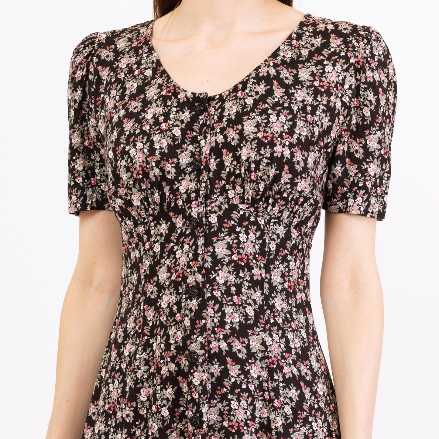 Vintage 90s Black Floral Button Front Grunge Dress - Small | Short Sleeve Boho Mini Sundress