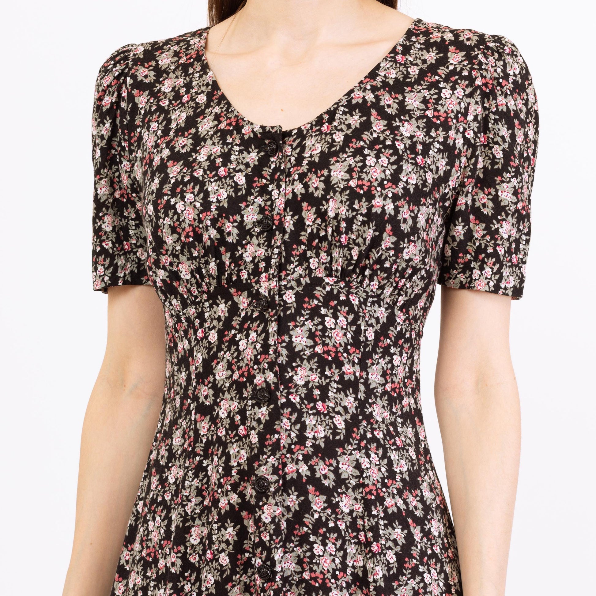 Vintage 90s Black Floral Button Front Grunge Dress - Small | Short Sleeve Boho Mini Sundress