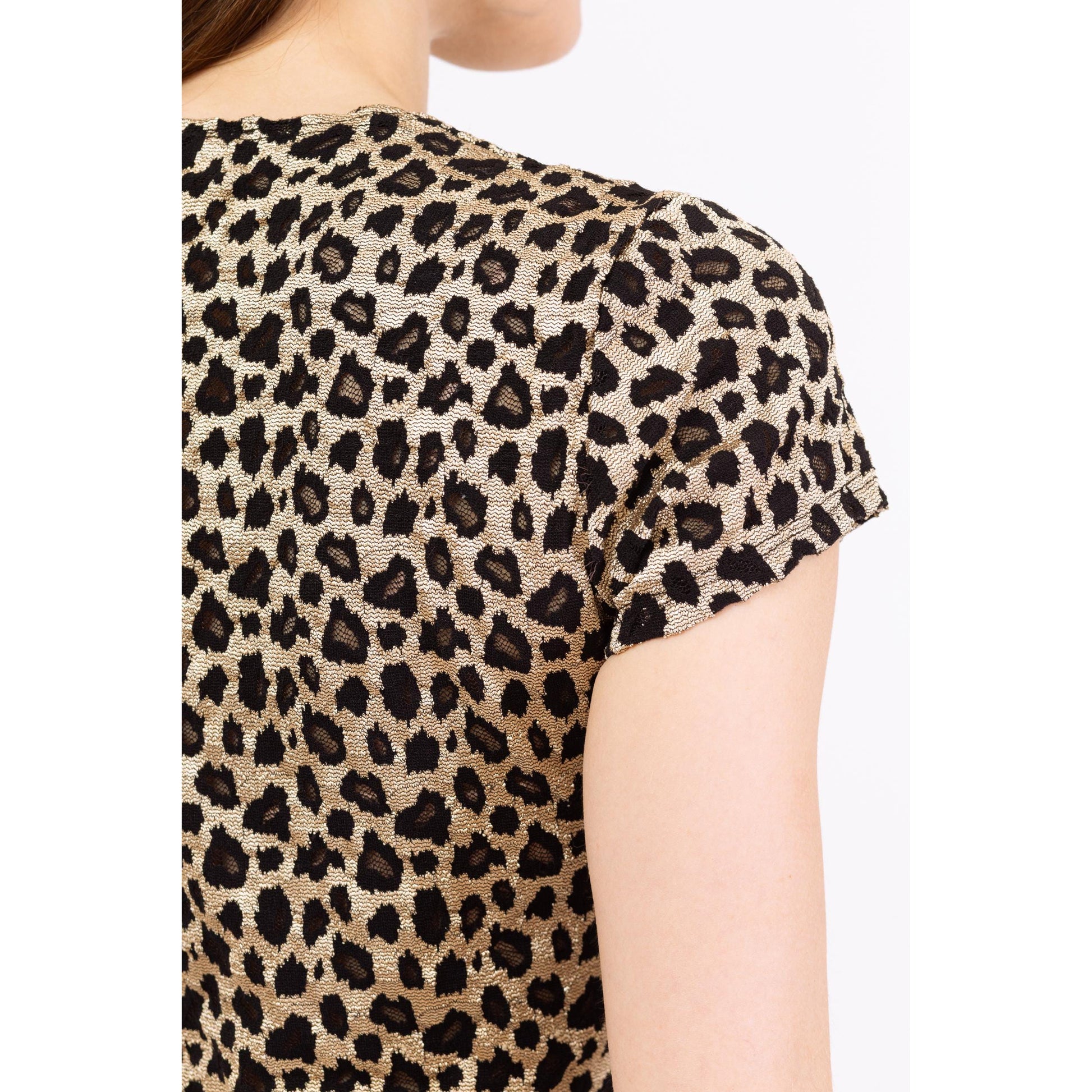 Vintage 90s Cheetah Print Stretchy Fitted Top - Small to Medium | Square Neck Short Sleeve Cropped Shirt