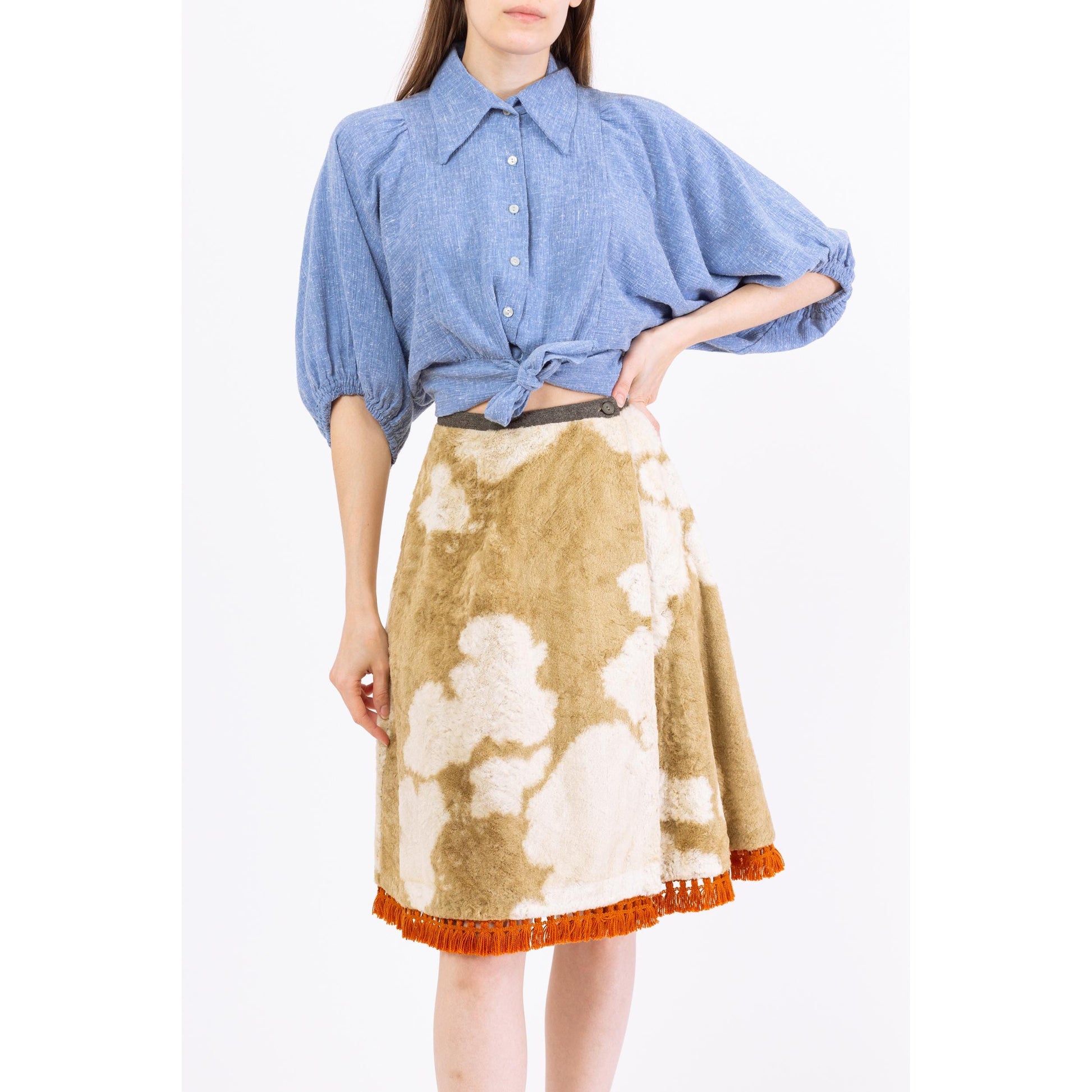 Vintage 70s Western Cow Print Faux Fur Wrap Skirt - Small, 26.5" Waist | Plush Velvet Boho Knee Length Midi Skirt, Retro Cowgirl Outfit