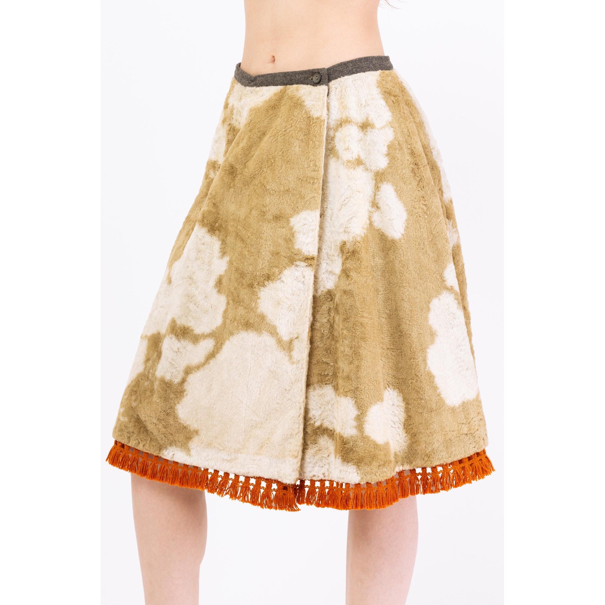 Vintage 70s Western Cow Print Faux Fur Wrap Skirt - Small, 26.5" Waist | Plush Velvet Boho Knee Length Midi Skirt, Retro Cowgirl Outfit