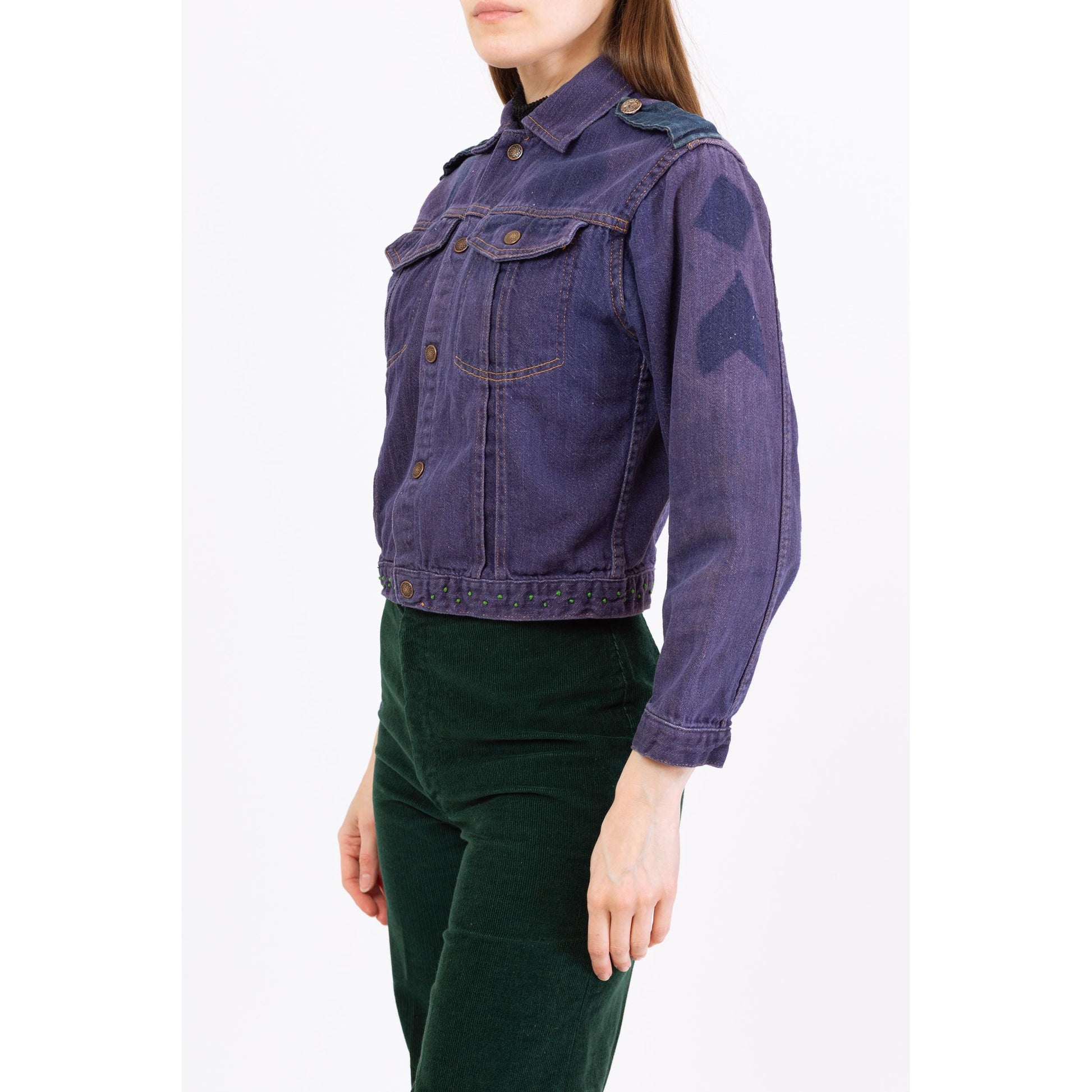 Vintage 70s Faded Cropped Western Jean Jacket - Small to Medium | 1970s Soft Dark Wash Denim Distressed Boho Chic Rocker Coat