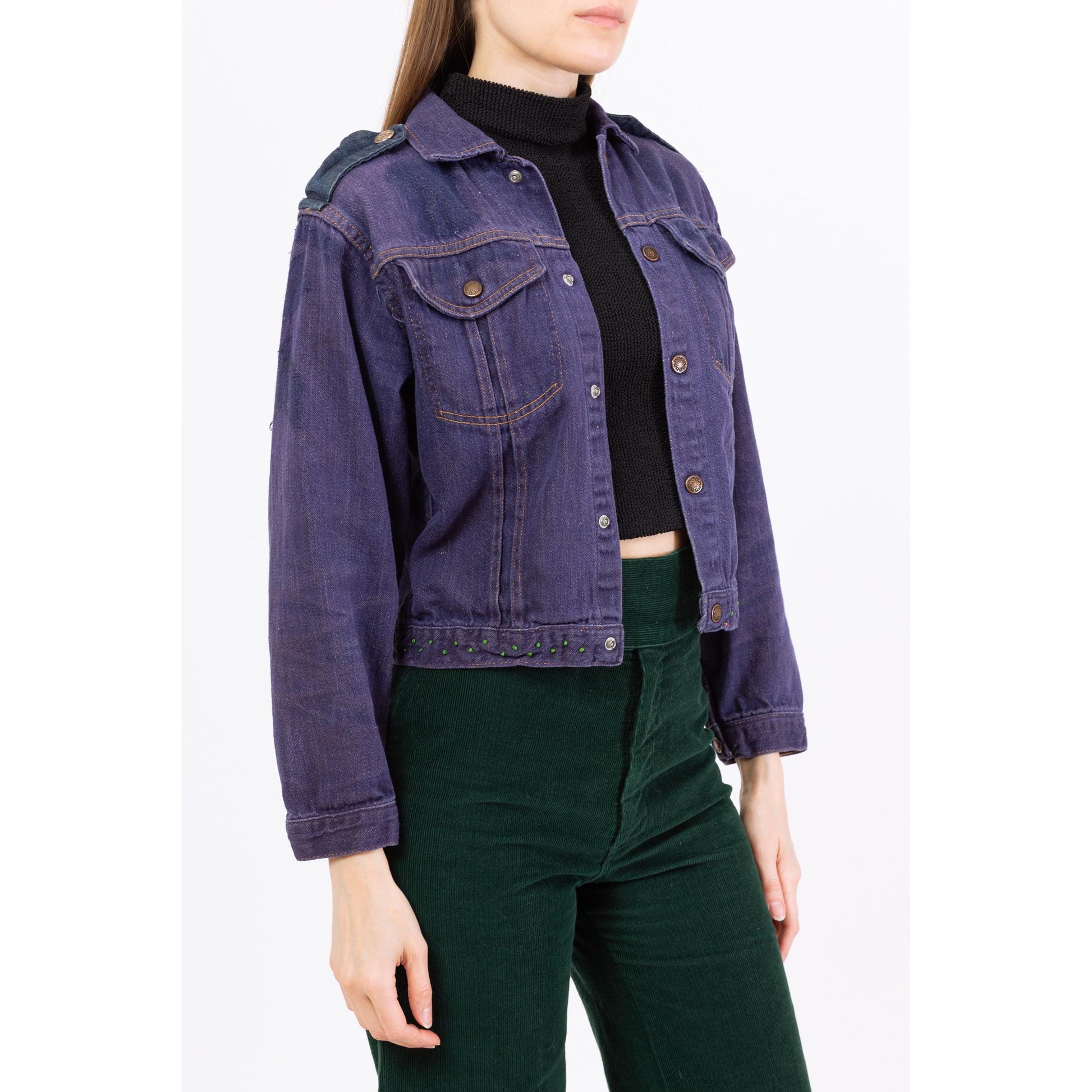 Vintage 70s Faded Cropped Western Jean Jacket - Small to Medium | 1970s Soft Dark Wash Denim Distressed Boho Chic Rocker Coat