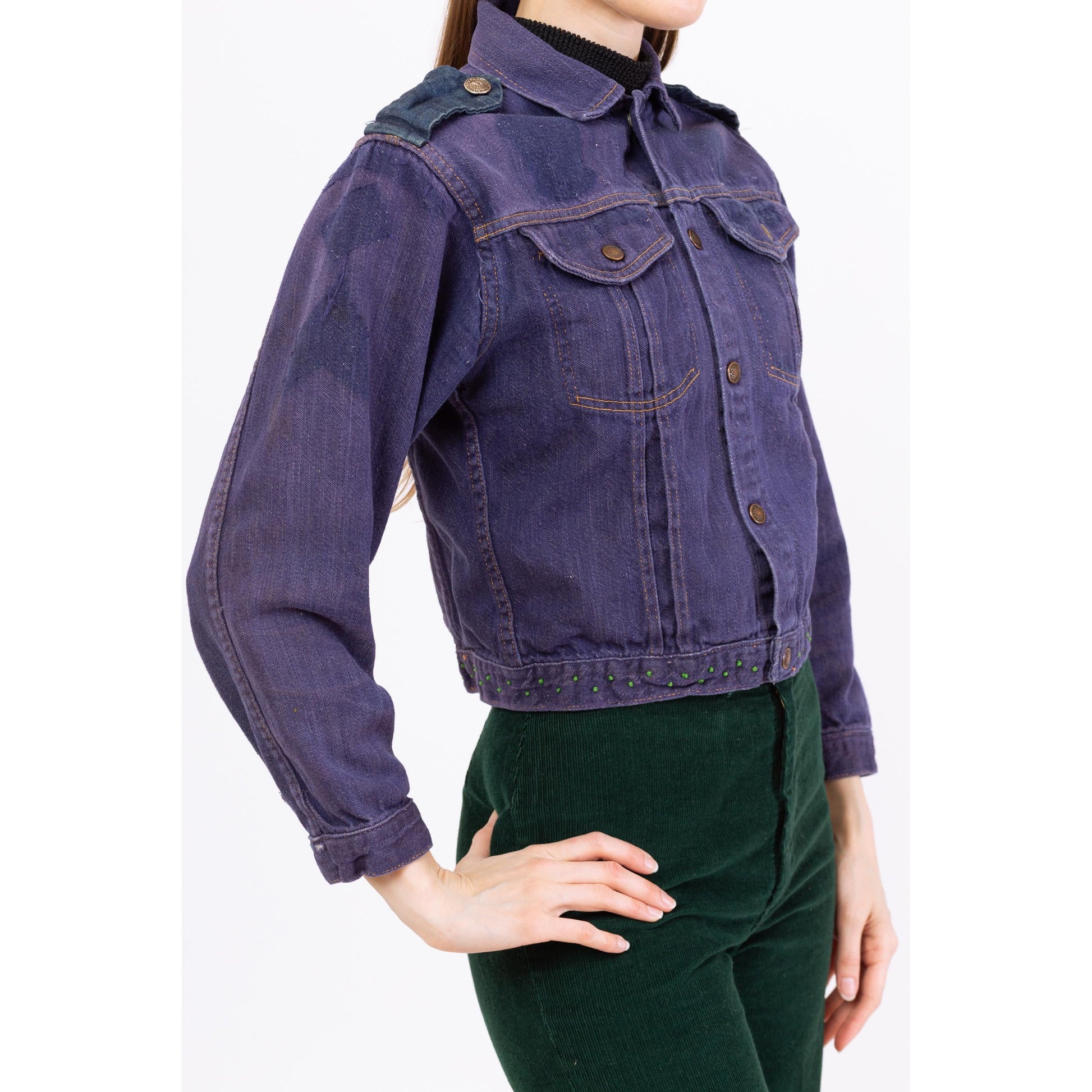 Vintage 70s Faded Cropped Western Jean Jacket - Small to Medium | 1970s Soft Dark Wash Denim Distressed Boho Chic Rocker Coat