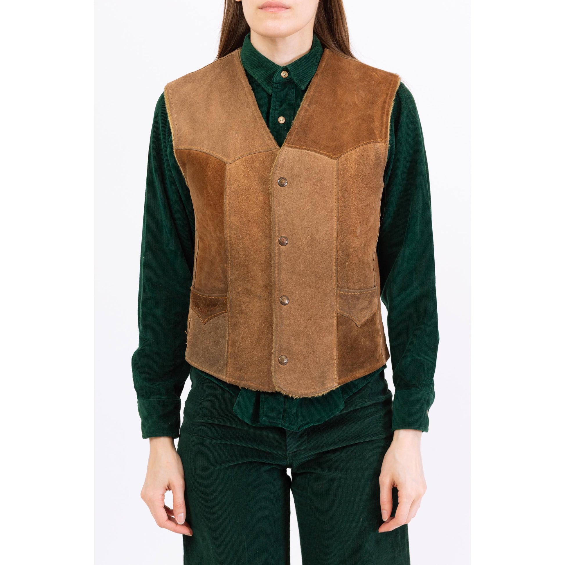 Vintage 70s Tan Suede Leather Snap Up Sherpa Vest - Men's Small, Women's Medium | Rustic Classic Western Core Outfit, Boho Ranch Wear