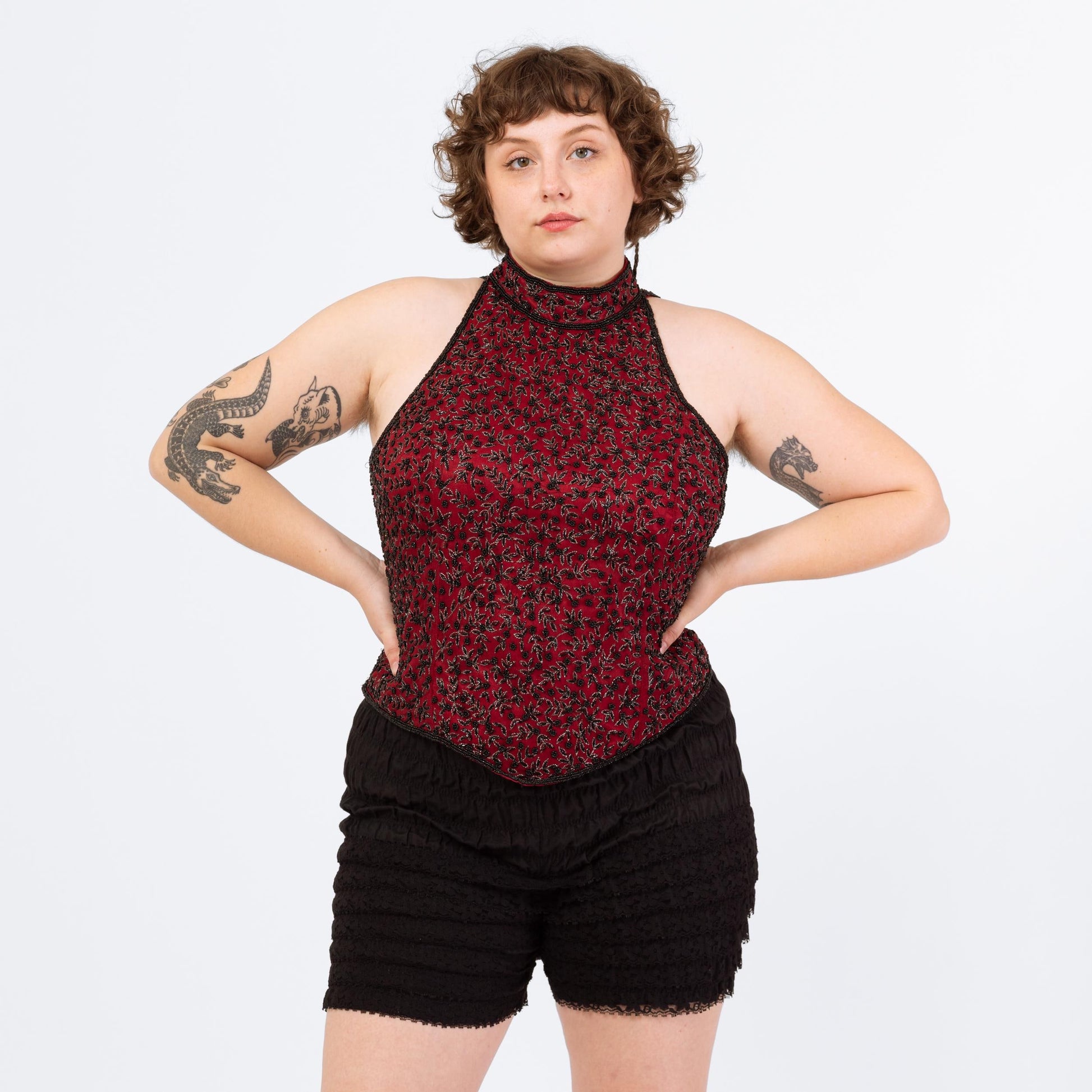 Vintage 90s Beaded Silk Racerback Formal Top - Extra Large | Red & Black Basque Waist Evening Blouse, Y2K Gothic Cocktail Party Look