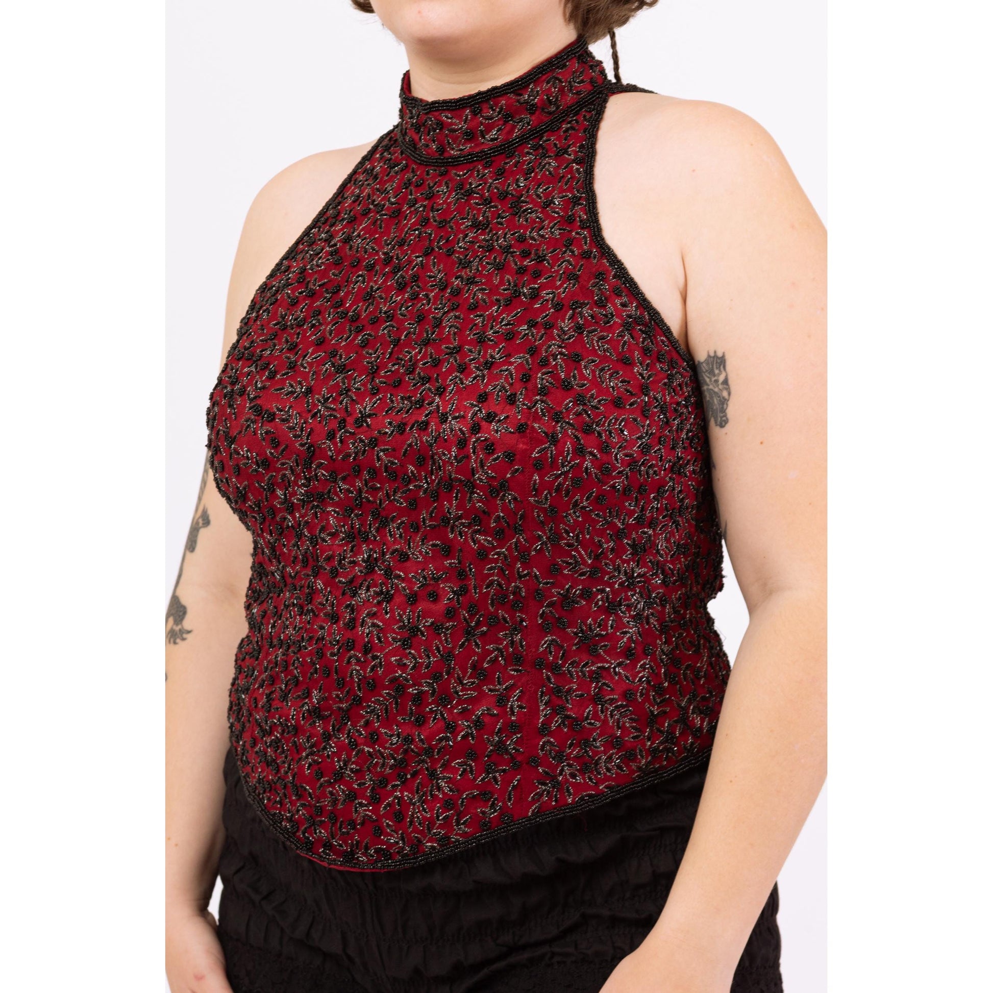 Vintage 90s Beaded Silk Racerback Formal Top - Extra Large | Red & Black Basque Waist Evening Blouse, Y2K Gothic Cocktail Party Look