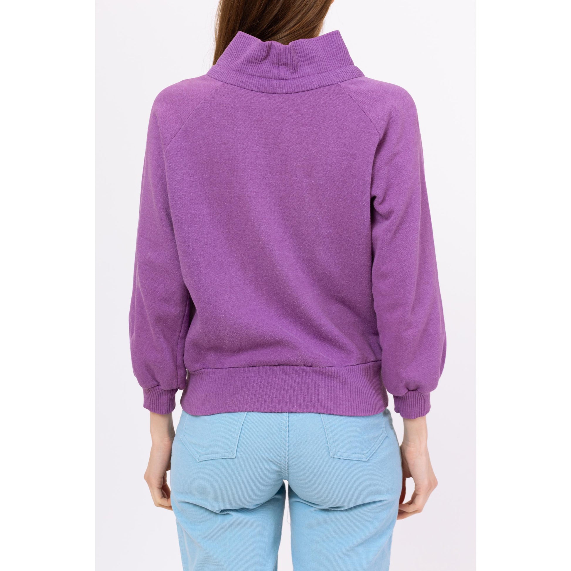 Vintage 80s Purple Funnel Neck Sweatshirt - Medium | Slouchy Drawstring Pullover, Raglan Sleeve Mockneck Sweater