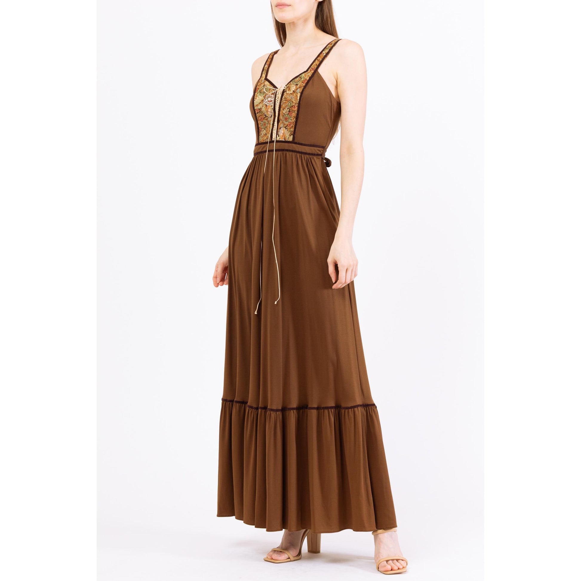 Vintage 70s Candi Jones Boho Brown Corset Maxi Dress - XS to Small | 1970s Floral Tapestry Romantic Cottagecore Prairie Peasant Dress