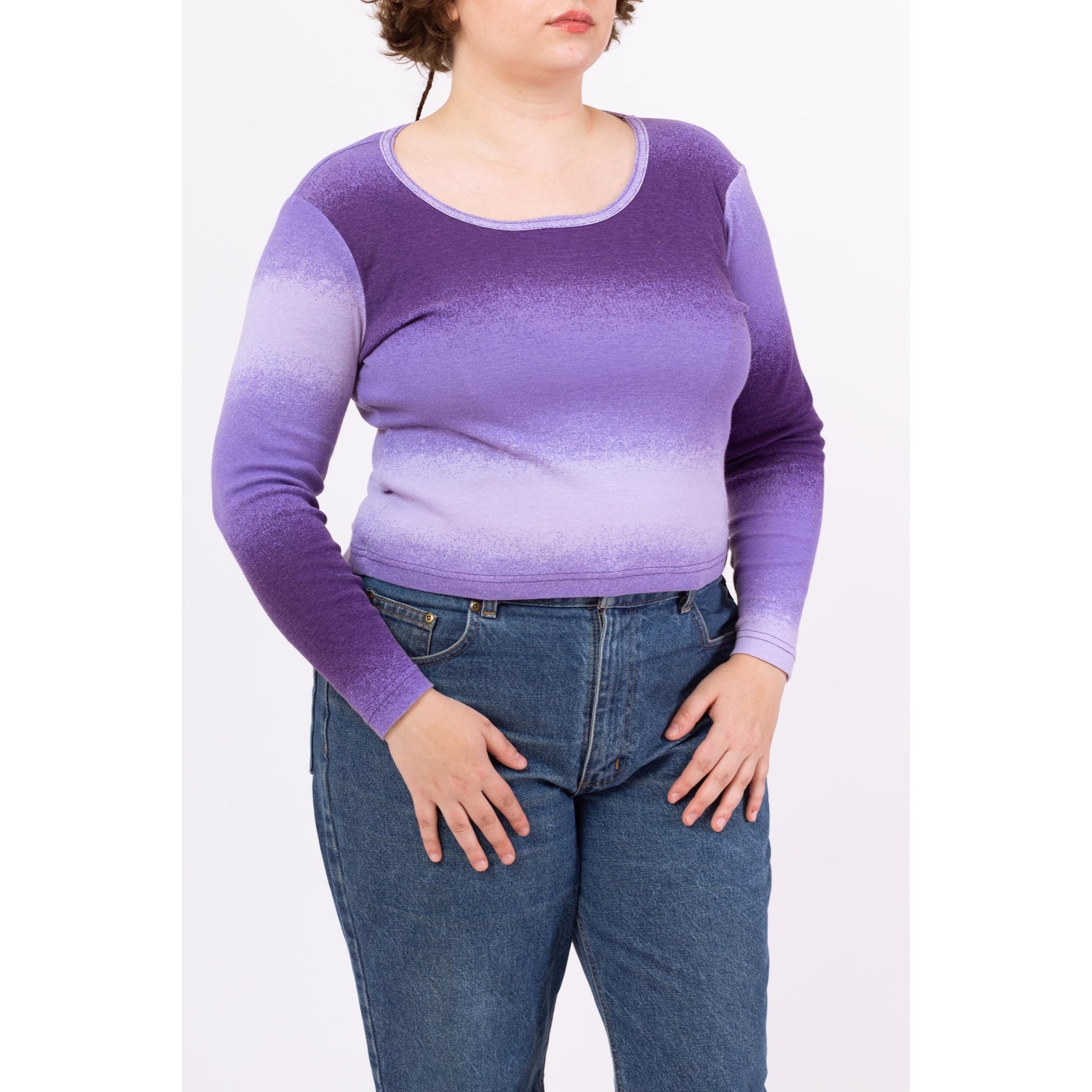 Vintage 90s Purple Gradient Long Sleeve Top - Extra Large | Ombre Stripe Scoop Neck Fitted Y2K Shirt