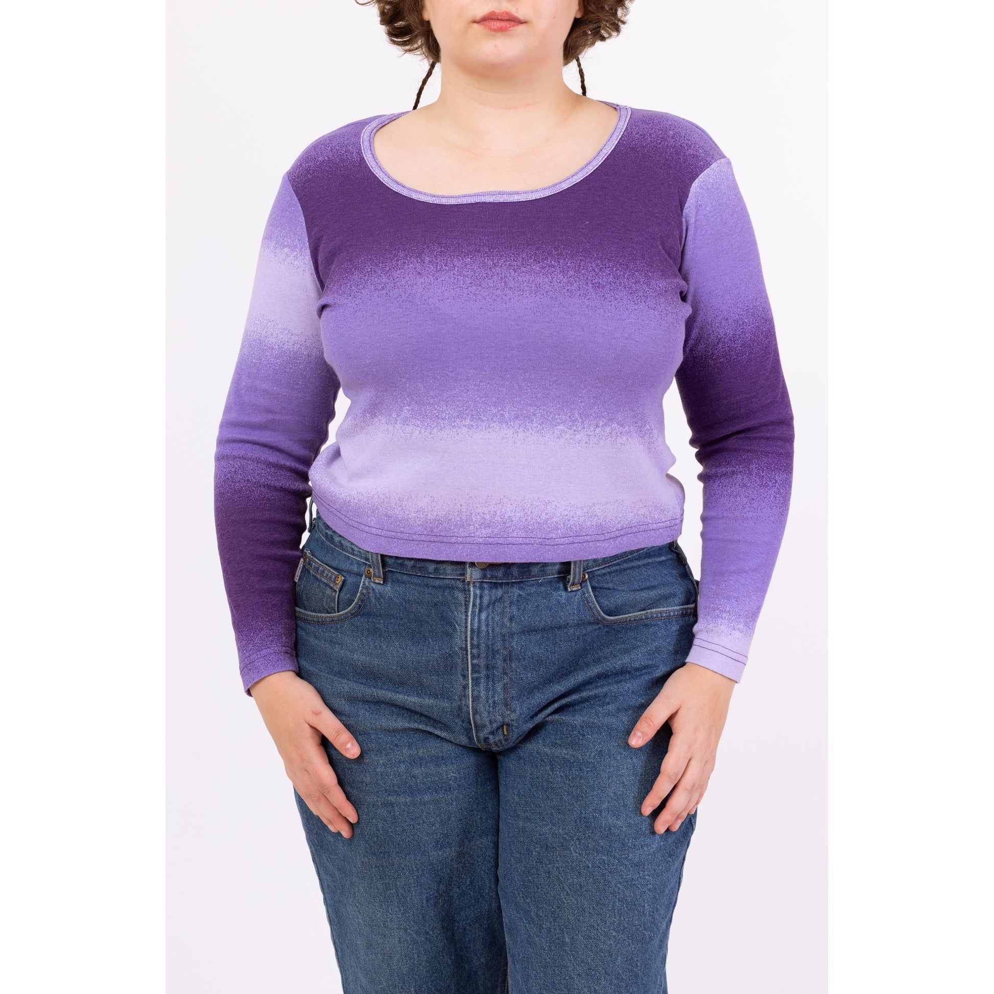 Vintage 90s Purple Gradient Long Sleeve Top - Extra Large | Ombre Stripe Scoop Neck Fitted Y2K Shirt