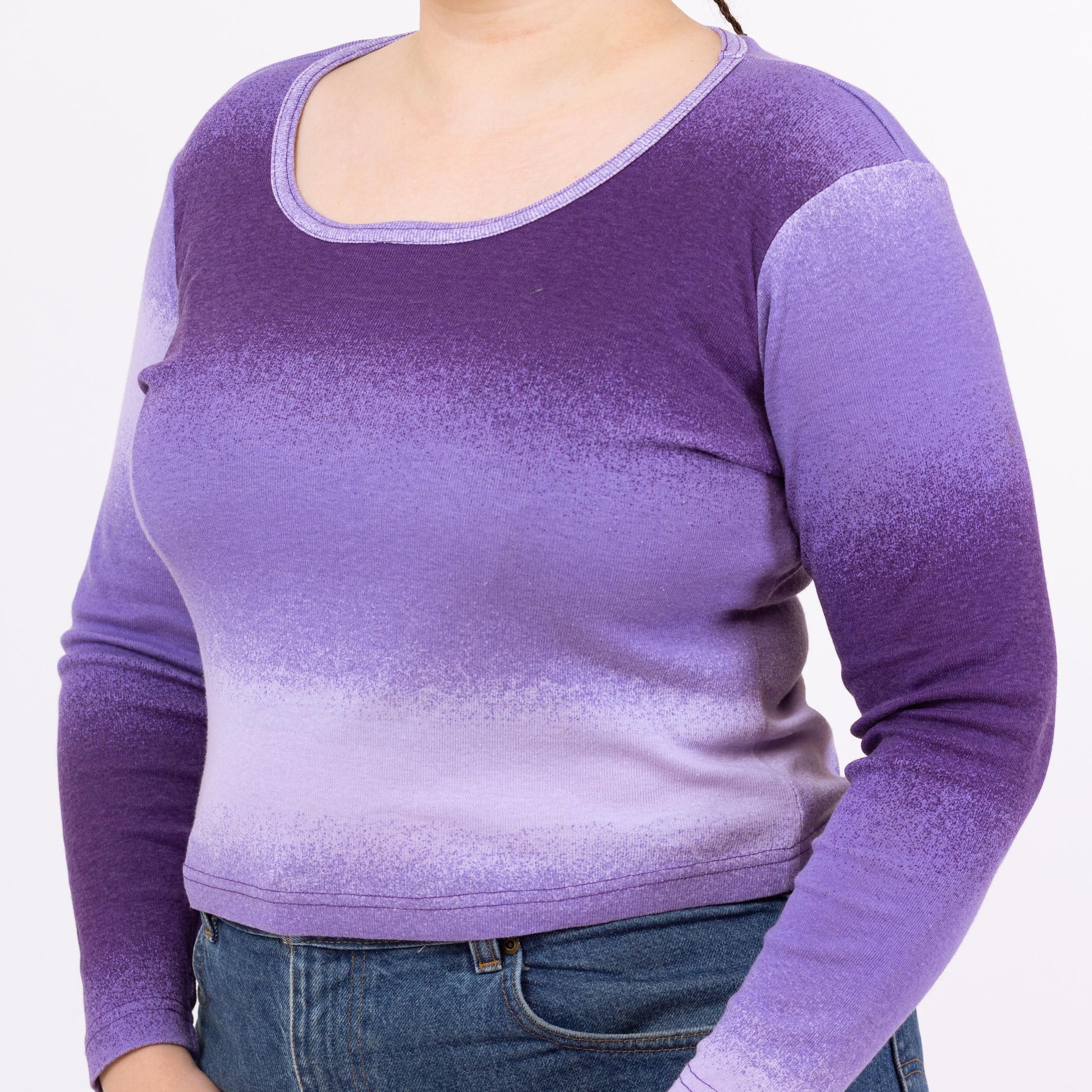 Vintage 90s Purple Gradient Long Sleeve Top - Extra Large | Ombre Stripe Scoop Neck Fitted Y2K Shirt