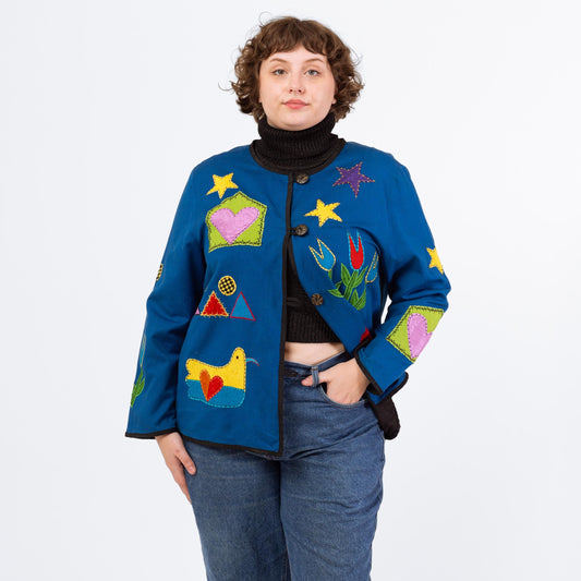 Vintage 90s Blue Applique Folk Art Jacket - 1X | Cotton Flax Lightweight Grandma Core Novelty Blazer