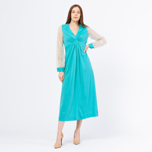 Vintage 70s Turquoise Sheer Sleeve Maxi Dress - Medium | Blue Long Sleeve Empire Waist Gown, 1970s Disco Party Prom Dress
