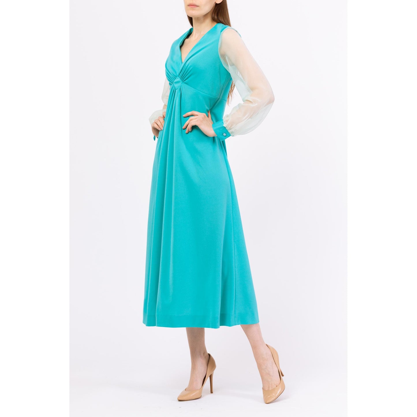 Vintage 70s Turquoise Sheer Sleeve Maxi Dress - Medium | Blue Long Sleeve Empire Waist Gown, 1970s Disco Party Prom Dress