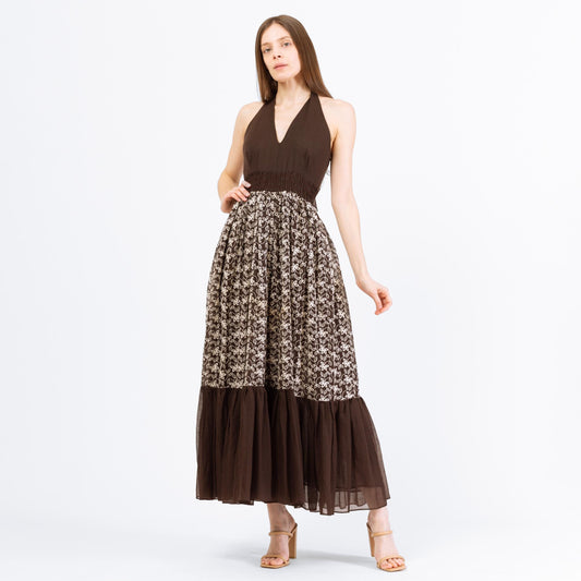 Vintage 70s Boho Brown & White Embroidered Floral Maxi Dress - Extra Small | Vintage Empire Waist Hippie Halter Dress, Bohemian Cottagecore