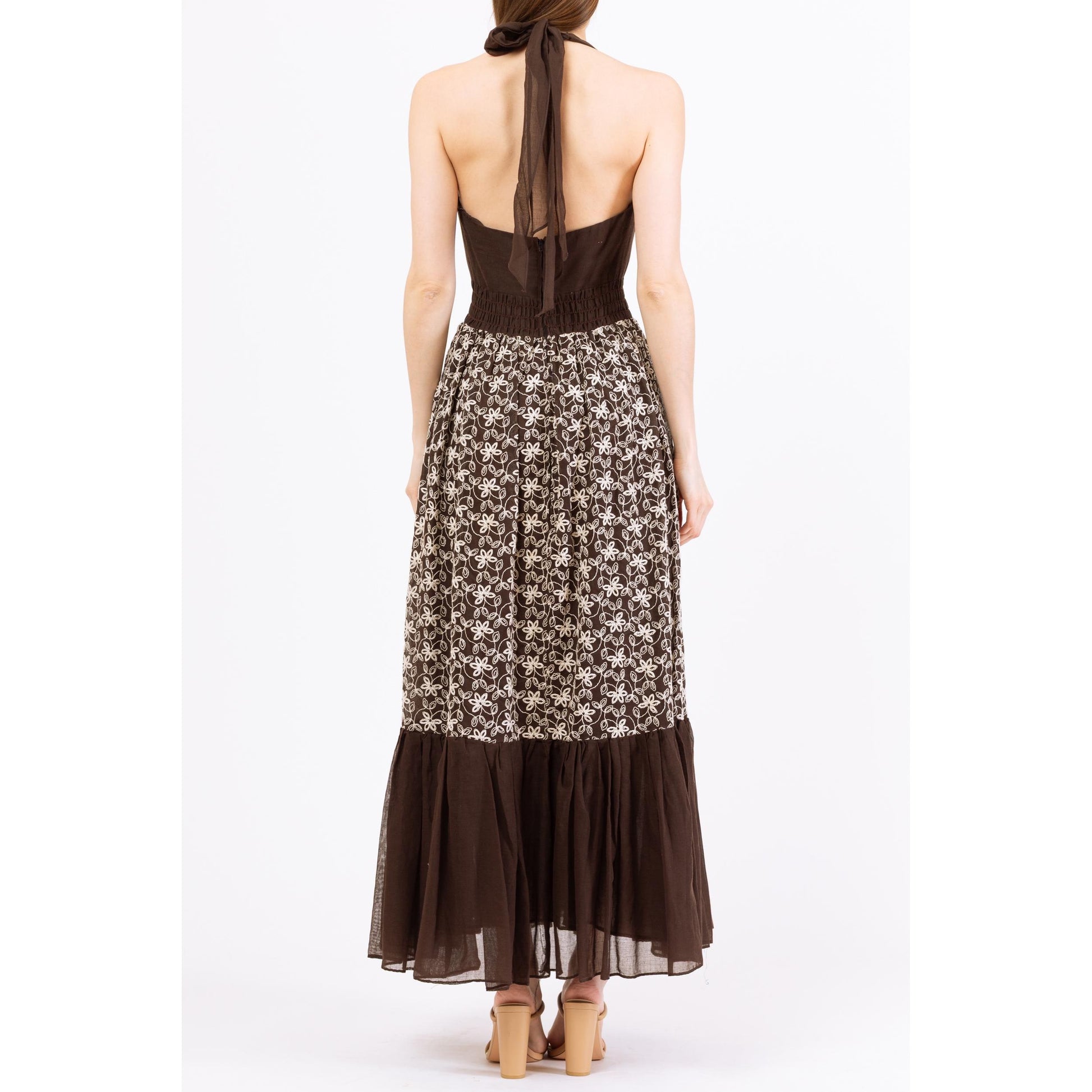 Vintage 70s Boho Brown & White Embroidered Floral Maxi Dress - Extra Small Vintage 70s Boho Brown & White Embroidered Floral Maxi Dress - Extra Small