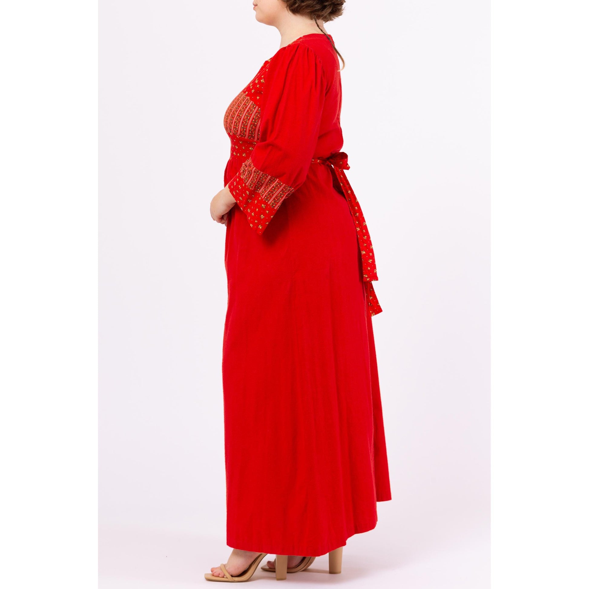 Vintage 70s Red Floral Prairie Maxi Dress - Large | Cottagecore Flannel Bell Sleeve Tie Back Lounge Dress