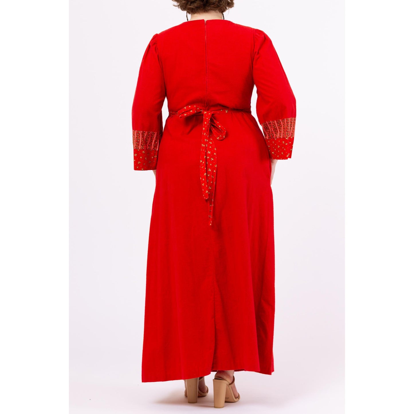 Vintage 70s Red Floral Prairie Maxi Dress - Large | Cottagecore Flannel Bell Sleeve Tie Back Lounge Dress