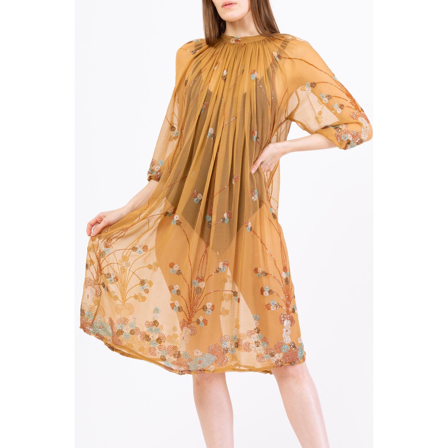 Vintage 70s Boho Glam Sheer Nude Silk Beaded Kaftan - XS to Small | 1970s Goddess Dress, Bohemian Festival Outfit, Stevie Nicks Dress