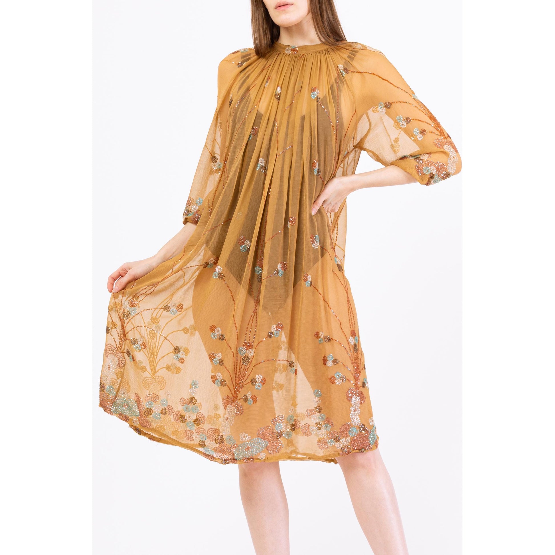 Vintage 70s Boho Glam Sheer Nude Silk Beaded Kaftan - XS to Small | 1970s Goddess Dress, Bohemian Festival Outfit, Stevie Nicks Dress