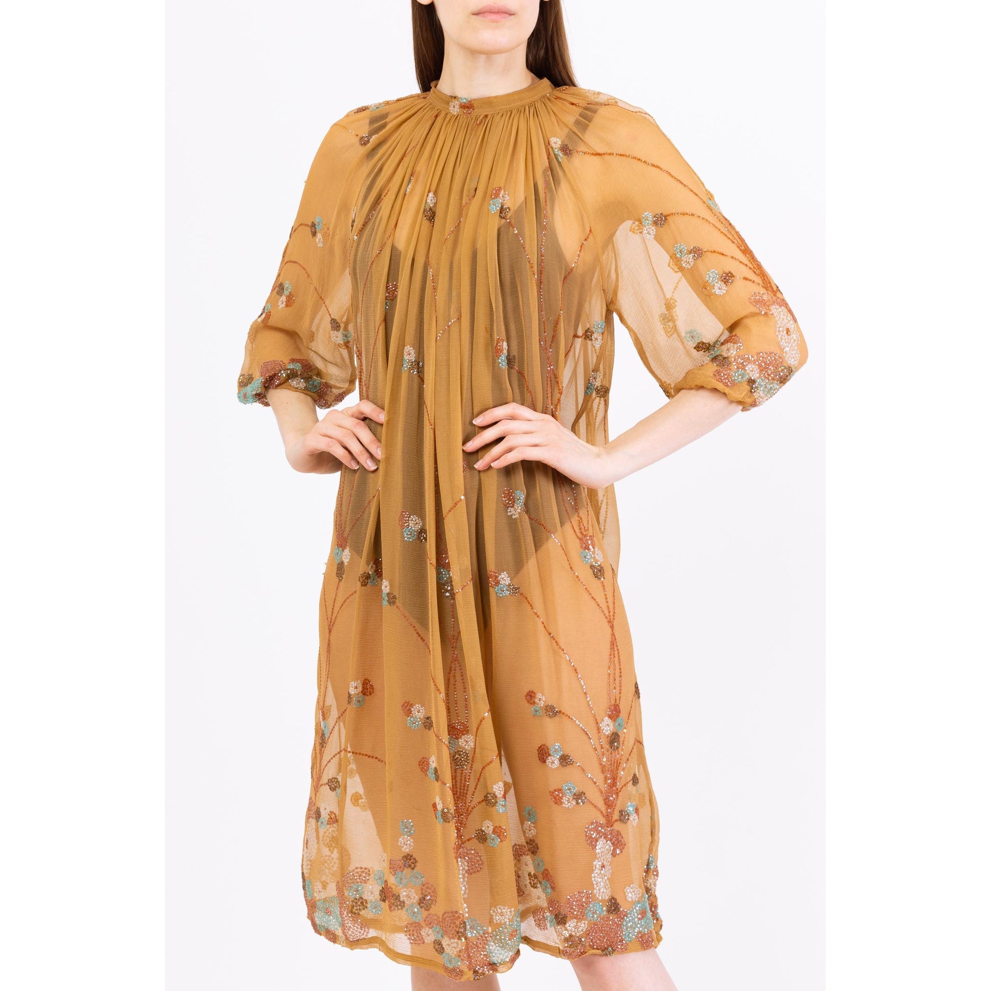 Vintage 70s Boho Glam Sheer Nude Silk Beaded Kaftan - XS to Small | 1970s Goddess Dress, Bohemian Festival Outfit, Stevie Nicks Dress