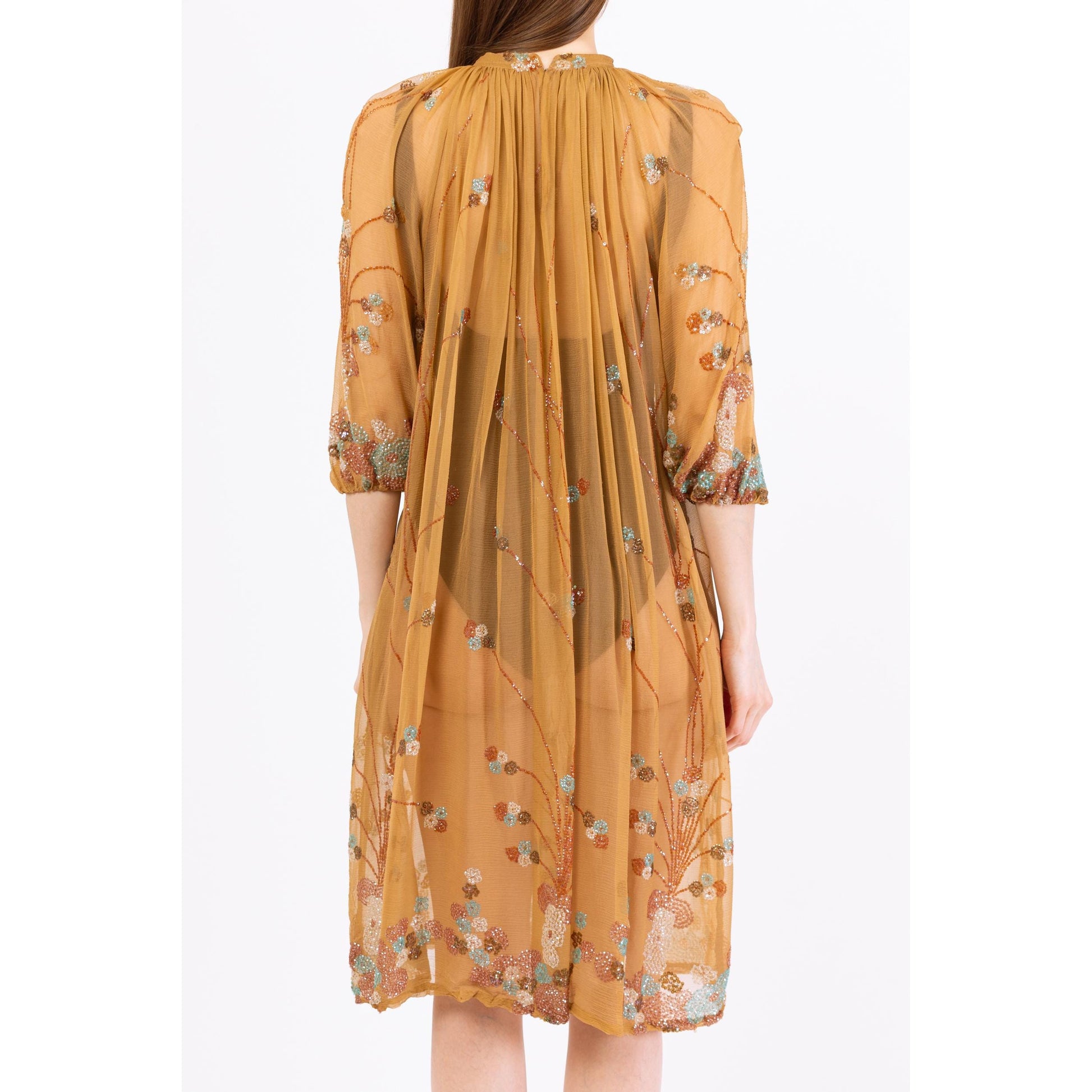 Vintage 70s Boho Glam Sheer Nude Silk Beaded Kaftan - XS to Small | 1970s Goddess Dress, Bohemian Festival Outfit, Stevie Nicks Dress