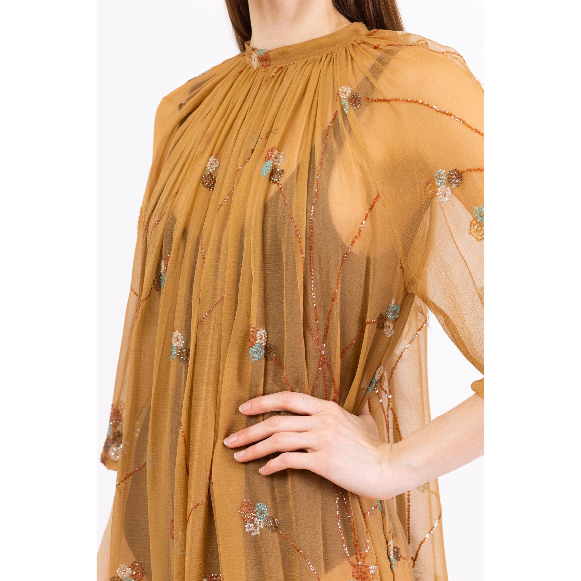 Vintage 70s Boho Glam Sheer Nude Silk Beaded Kaftan - XS to Small | 1970s Goddess Dress, Bohemian Festival Outfit, Stevie Nicks Dress